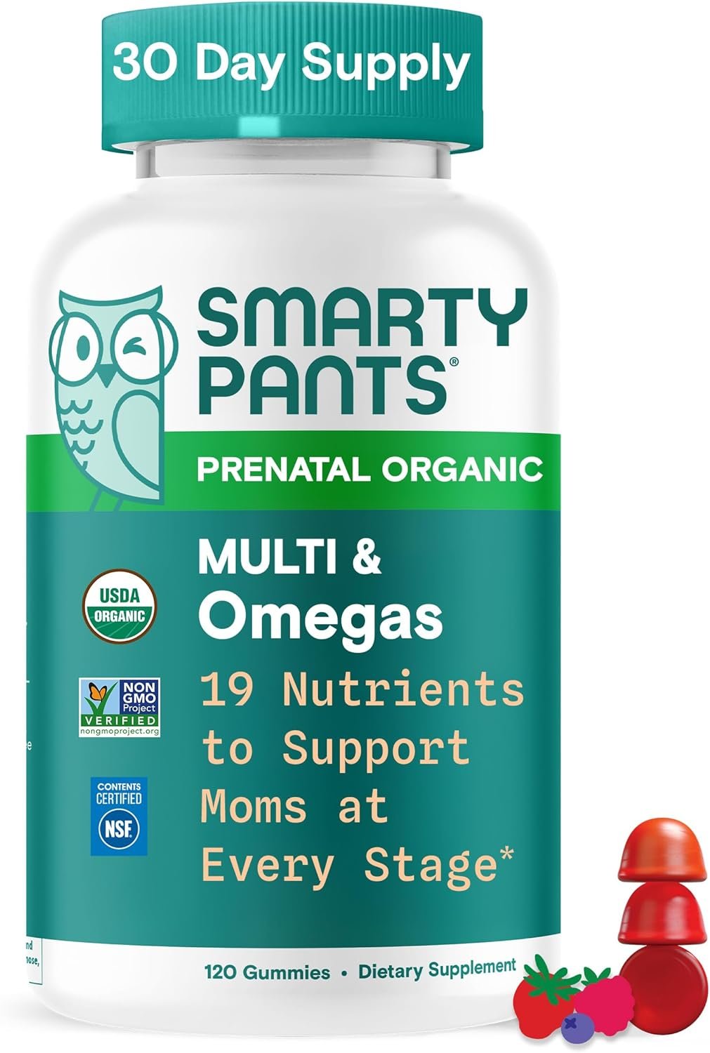 SmartyPants Organic Prenatal Vitamins for Women, Multivitamin Gummies: Biotin, Methylfolate, Omega 3 (ALA), Vitamin D3, C, Vitamin B12, B6, A, K2 & Zinc, Choline, Vegetarian, 120 Count (30 Day Supply)