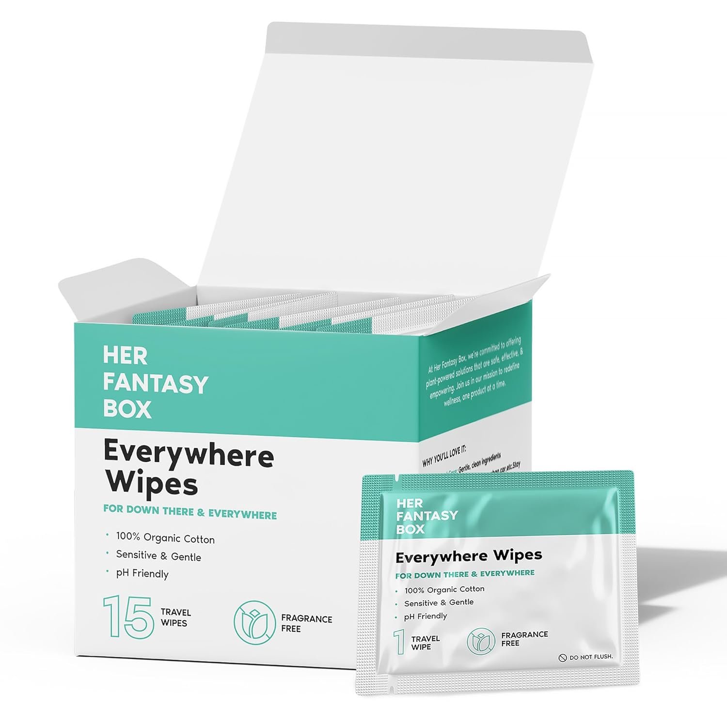 Her Fantasy Box | Everywhere Wipes – 100% Organic Cotton, Gentle & Refreshing, pH-Balanced, Fragrance-Free, Plant-Powered for Body, Face & Intimate Areas, Ideal for Sensitive Skin – 1 Pack, 15 Wipes