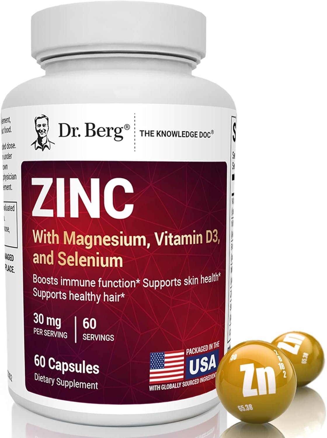 Dr. Berg Zinc 30mg Enhanced with Magnesium, Vitamin D3, Selenium, & Copper – Zinc Supplements for Men & Women – Chelated Zinc for Immune, Skin, Hair, & Nails Support* – 60 Capsules