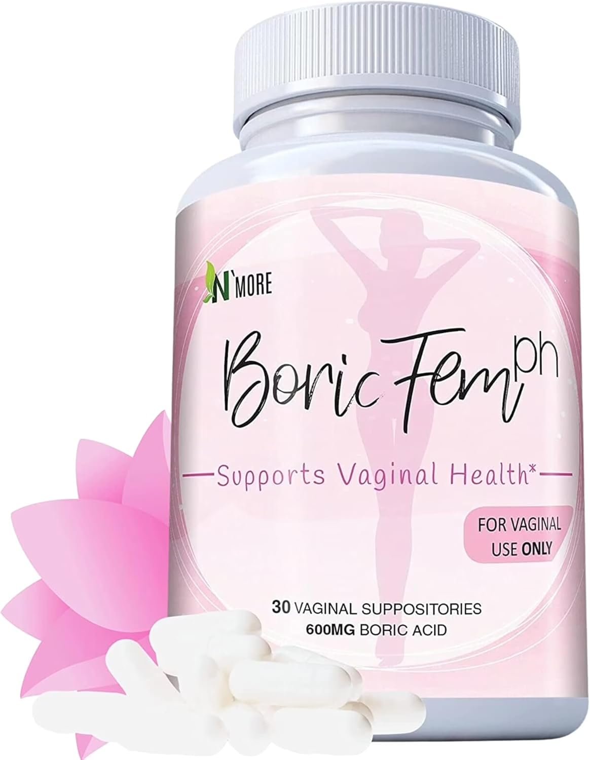 N’More Boric Acid Vaginal Suppositories- 100% Pure – Made in USA- Boricfem Vaginal Health Supplement- 30 Servings (Pack of 1)