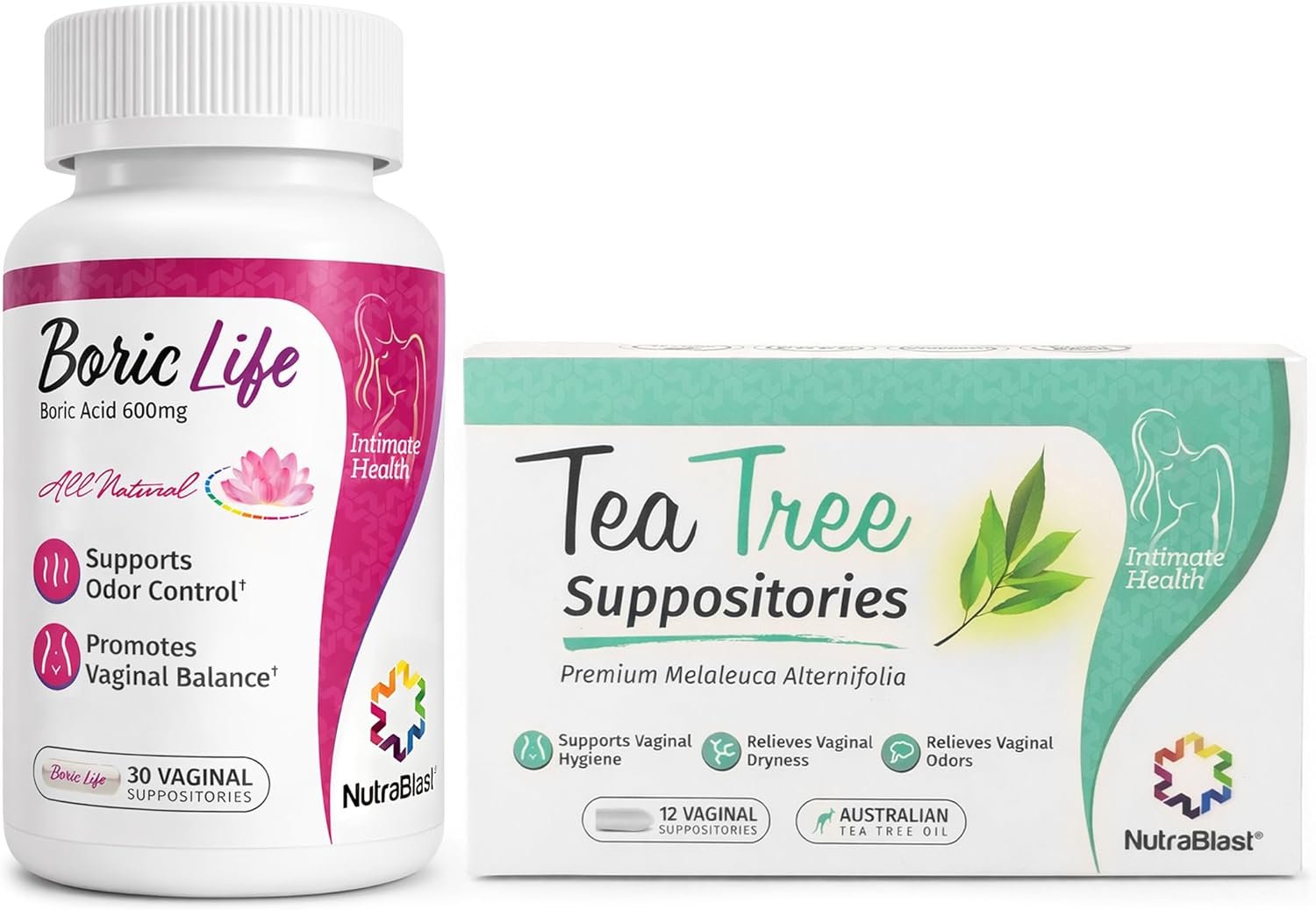 NutraBlast Boric Acid Suppositories 600mg (30 Count) Bundle with Tea Tree Oil Suppositories (12 Count) | All Natural Intimate Deodorant for Women | Restore Feminine pH Balance