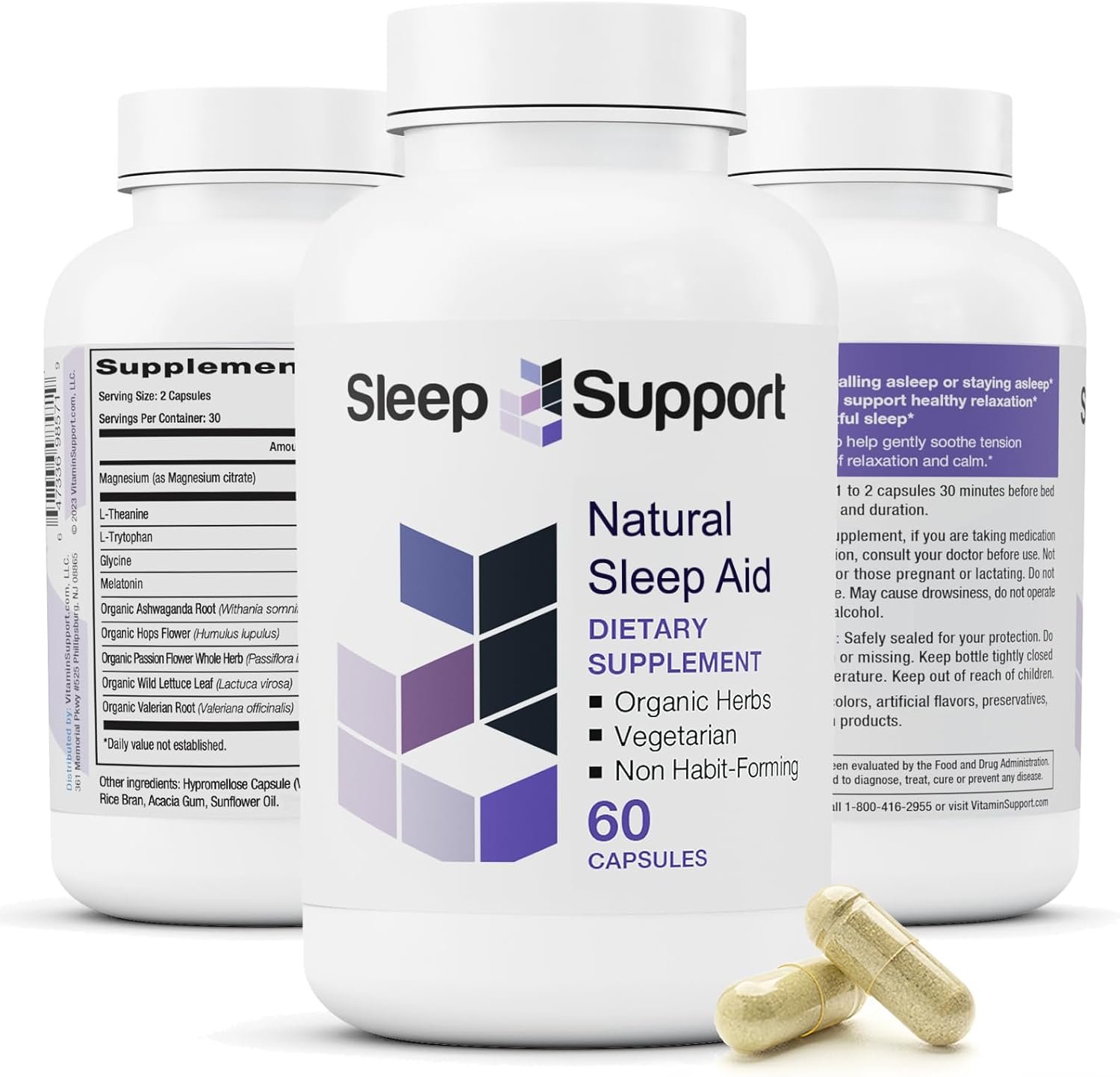 SleepSupport – Natural Sleep Aid for Adults to Help Promote Calm and Relaxation – Organic Sleep Supplement with Ashwagandha, Valerian Root, Magnesium, Melatonin, Glycine, L-Tryptophan – 60 Capsules