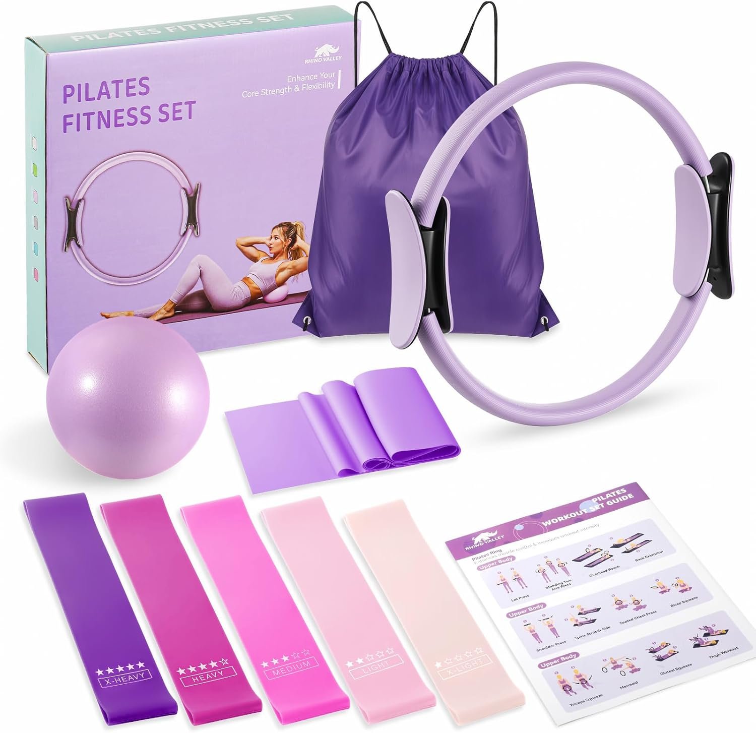 Rhino Valley Home Pilates Kit for Women, Pilates Workouts Set, Pilate Equipment with Circle Ring and Ball, Resistance Bands,Guide, Yoga Fitness Essentials Full Body Exercise Home Kit for Beginners