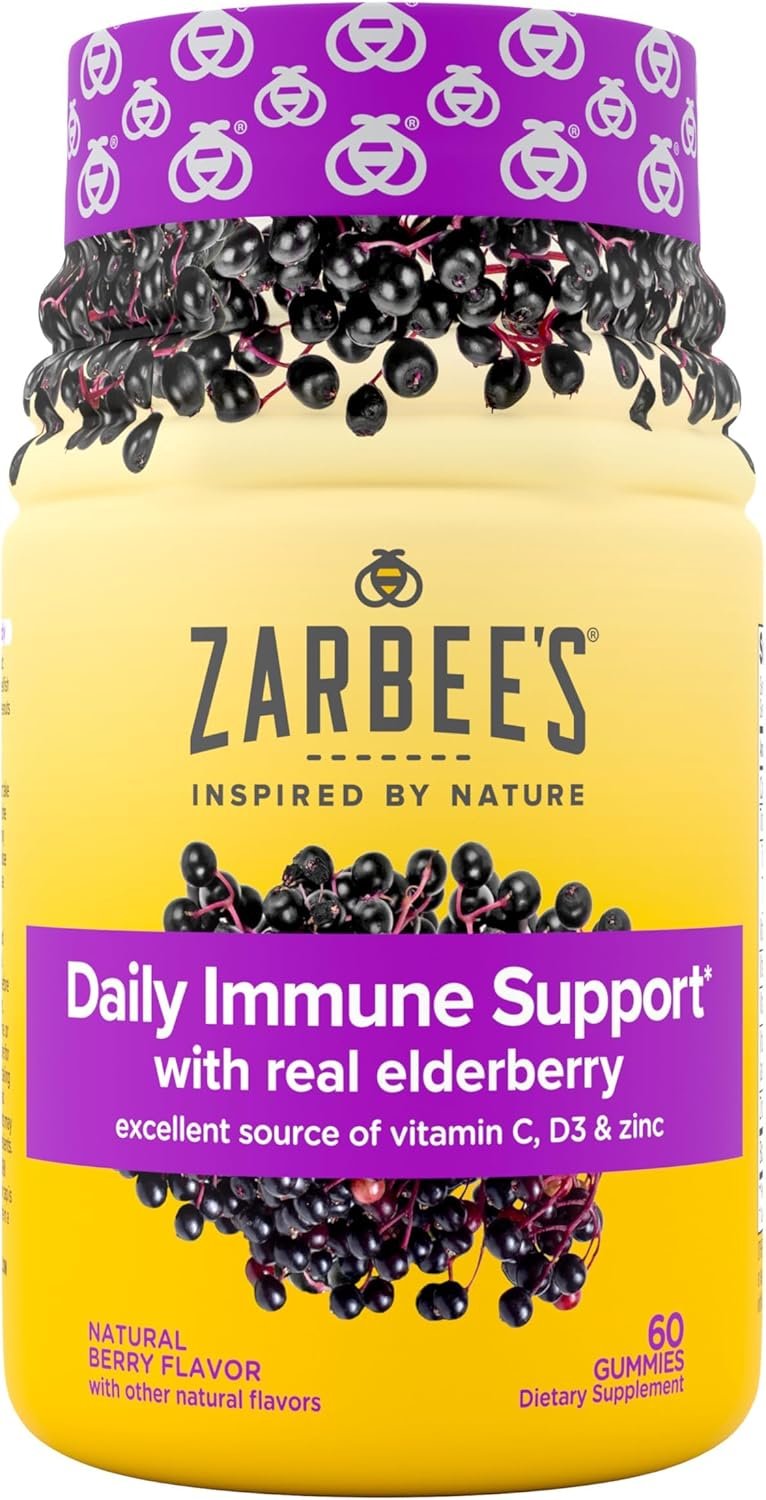Zarbee’s Elderberry Gummies Daily Immune Support Supplement with Vitamins A C D E & Zinc, Black Elderberry Extract, Natural Berry Flavor, Vegetarian, Gelatin-Free, 60 ct