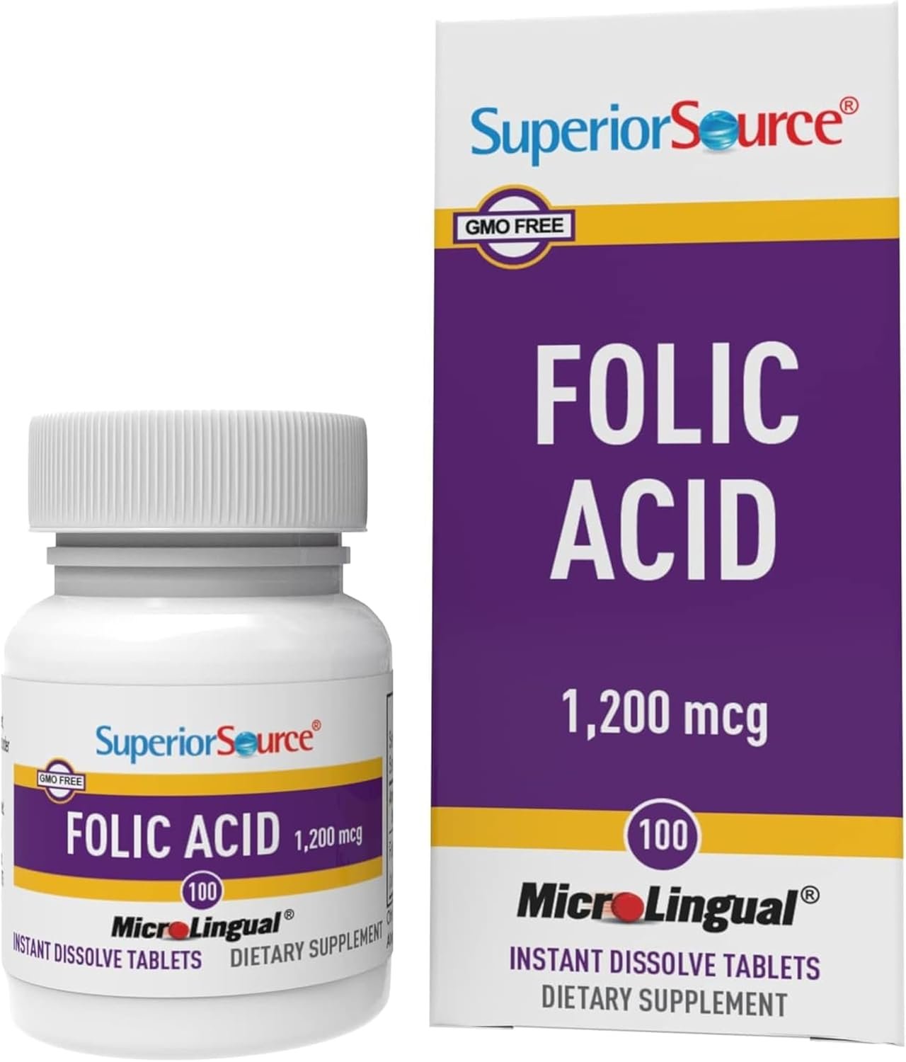 Superior Source Folic Acid 1200 mcg – Supports Heart, Immune & Nervous System – 100 Sublingual Tablets