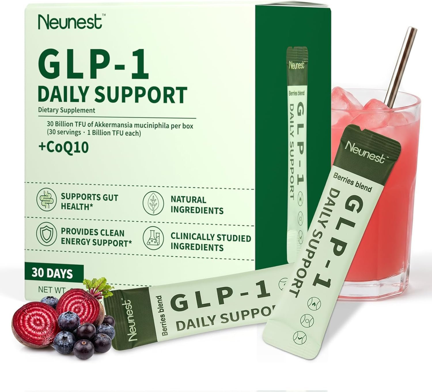 7-in-1 GLP-1 for Weight Loss, Akkermansia Prebiotics & Postbiotics – Natural Appetite Suppressant for Women & Men, with Beet Root, CoQ10, Acai | Daily Gut& Metabolic Wellness, Stick Packs