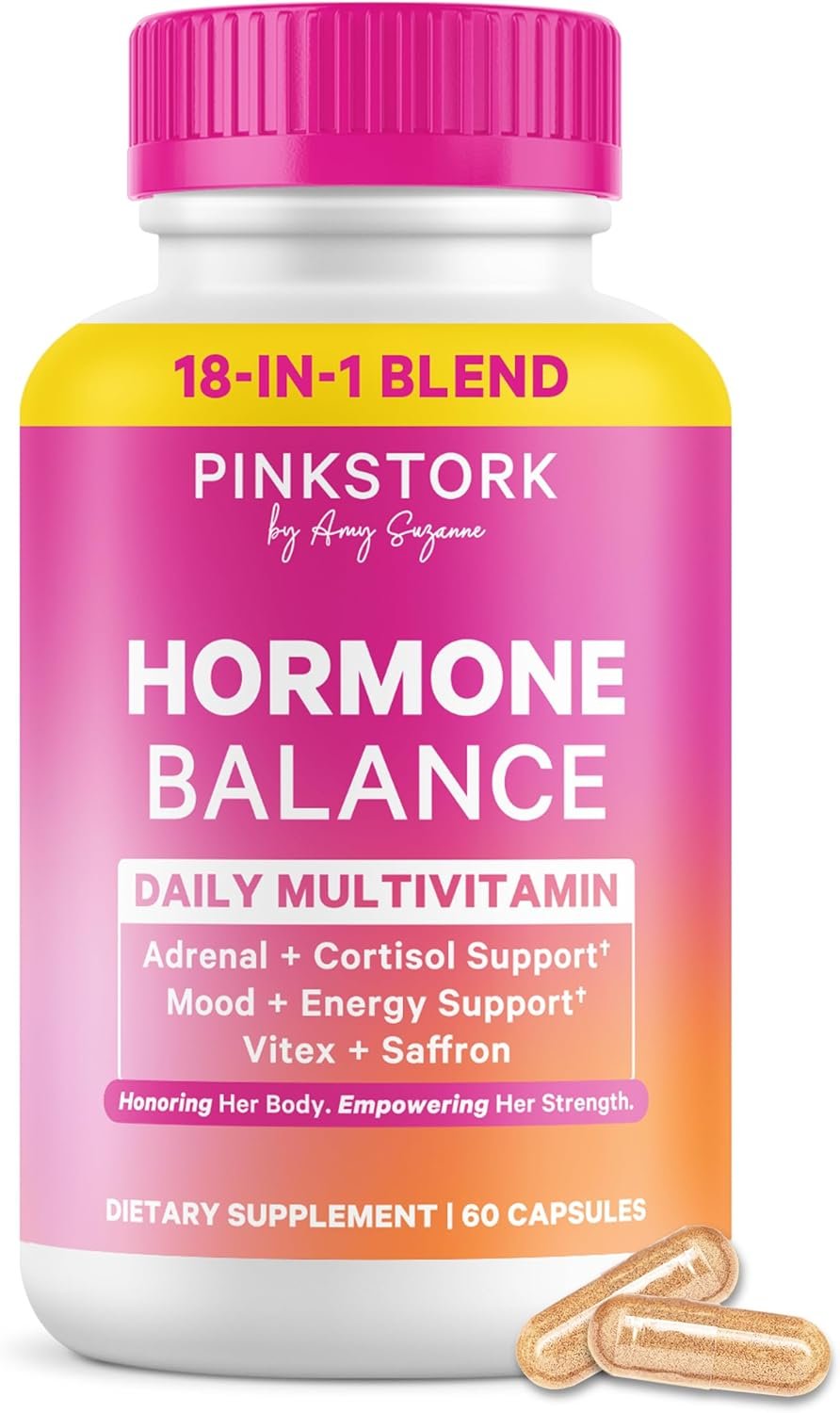 Pink Stork Hormone Balance Multivitamin for Women | 18-in-1 Vitex, Saffron, Ashwagandha, Magnesium | Mood, Energy, Cortisol, Adrenal Support | PMS, Perimenopause Support | 60 Vegan Capsules