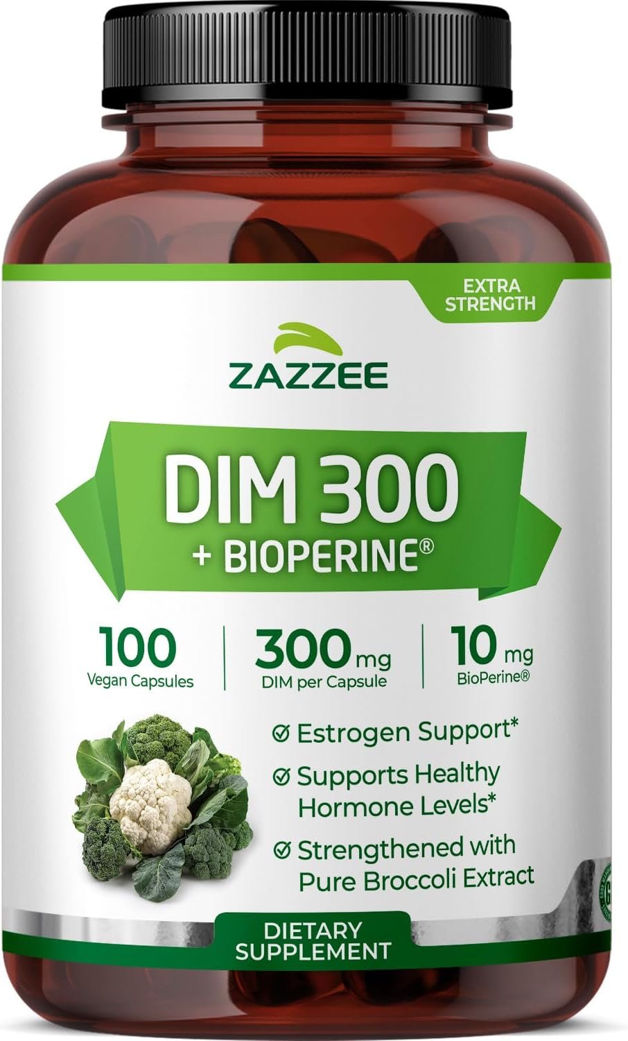 Zazzee DIM 300 mg Per Capsule, 100 Count, Plus 10 mg BioPerine, Estrogen Balance, Hormonal Acne, Menopause Support, Hormonal Balance, Diindolylmethane, Vegan, All-Natural, Non-GMO, Made in The USA