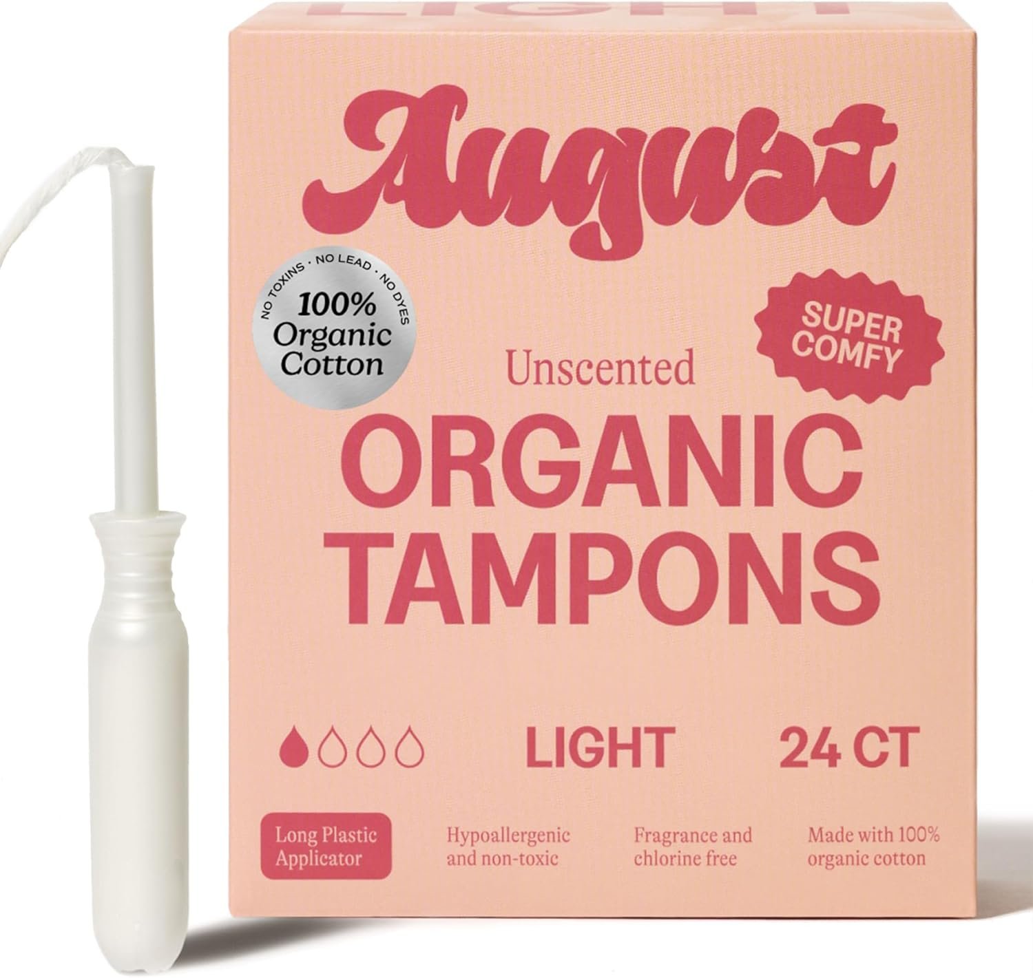 August Light Tampons – 24-Pack 100% Organic Cotton Tampons for Women and Anyone Who Menstruates, Non-Toxic, Fragrance-Free, and Hypoallergenic with Long Applicators