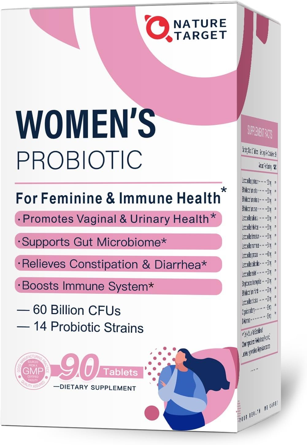 NATURE TARGET Probiotics-for-Women with Prebiotics, Cranberry and D-Mannose, 60-Billion-CFUs, Women’s Probiotic for Digestive Health/Gut Health/Immune Booster