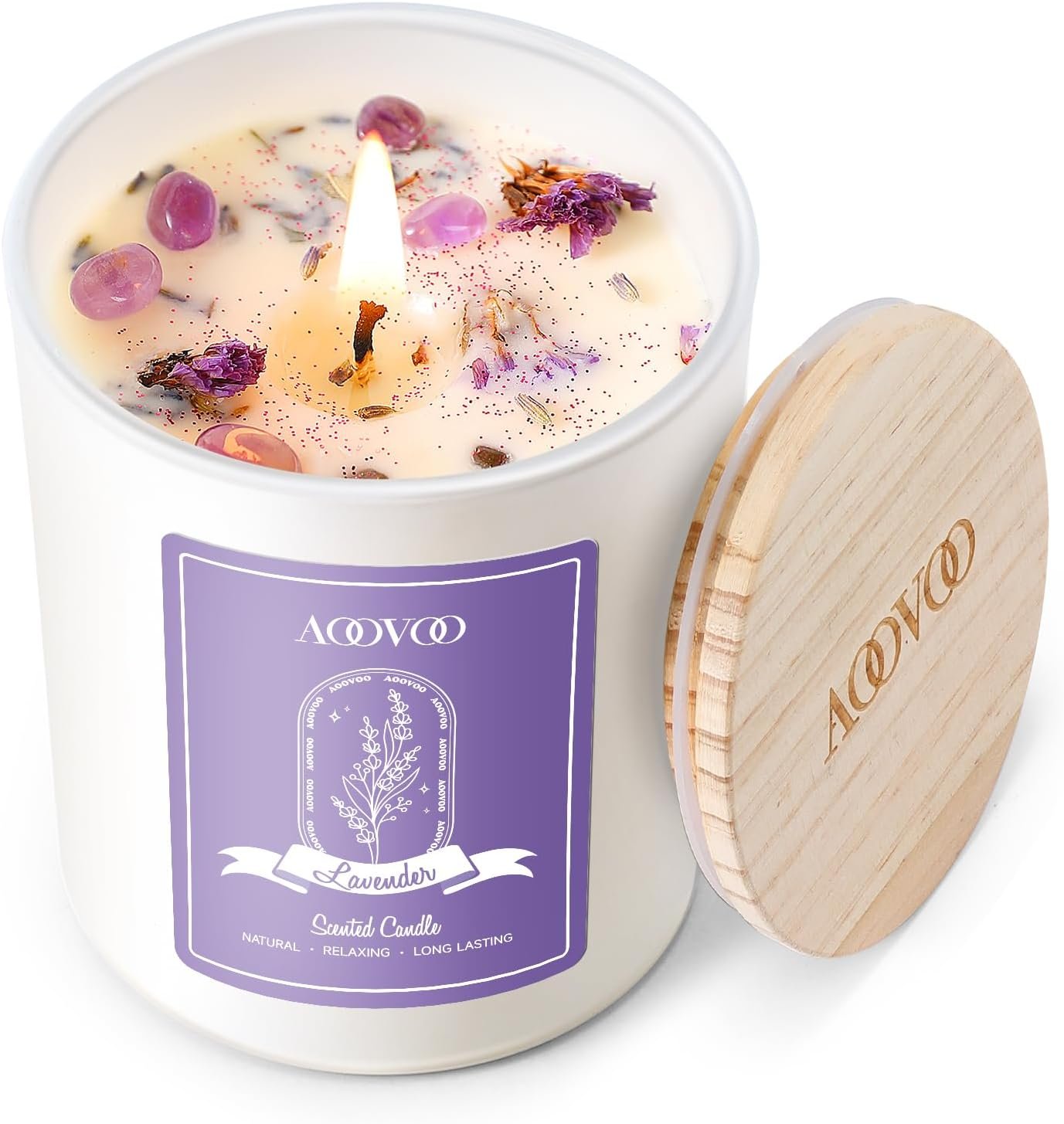 AOOVOO Lavender Scented Candles for Women – Aromatherapy Candle with Crystals Inside, 7oz Soy Candles for Home Scented, Birthday Gifts Mothers Day Candle for Women Mom