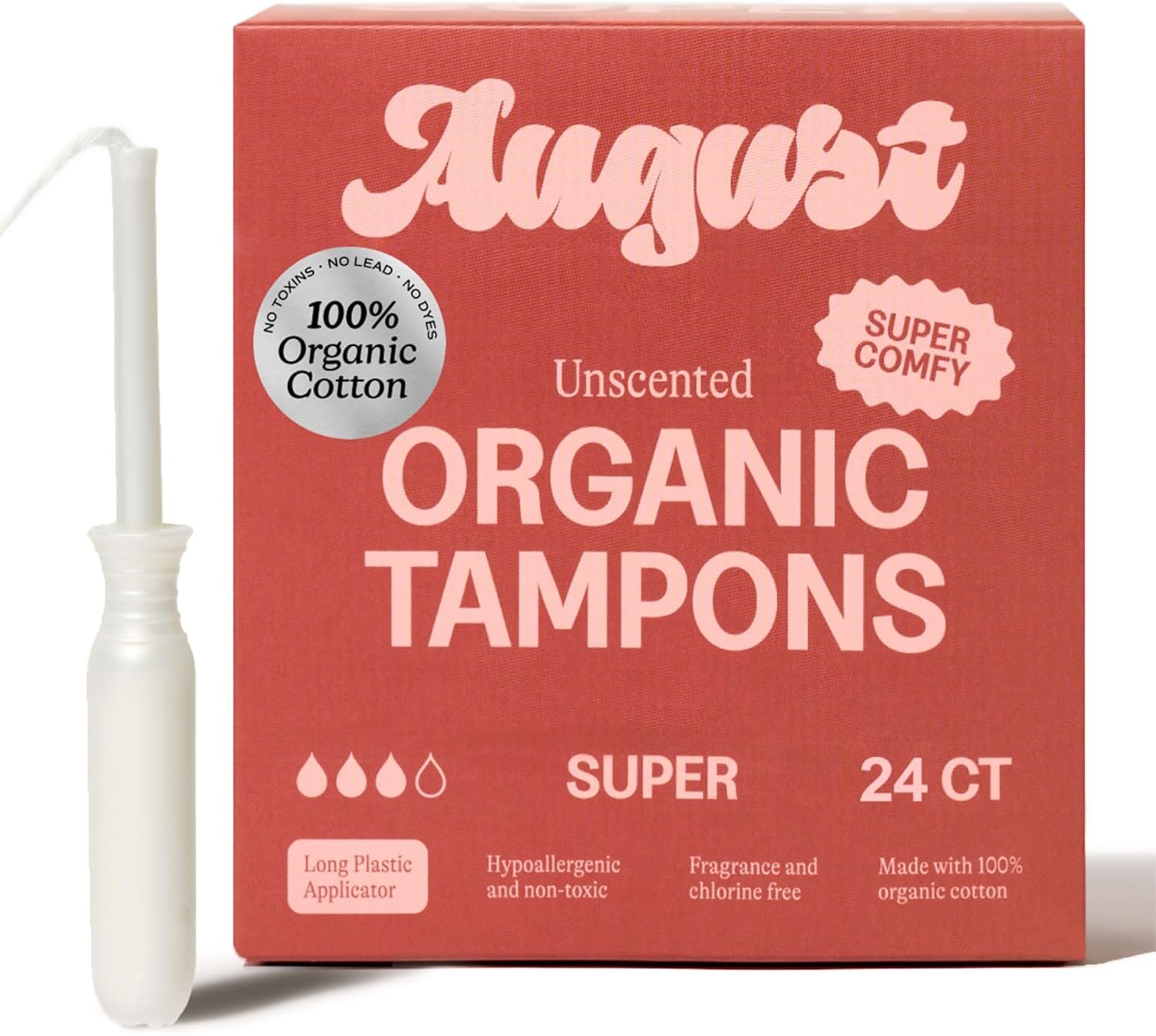 August Super Tampons – 24-Pack 100% Organic Cotton Tampons for Women and Anyone Who Menstruates, Non-Toxic, Fragrance-Free, and Hypoallergenic with Long Applicators