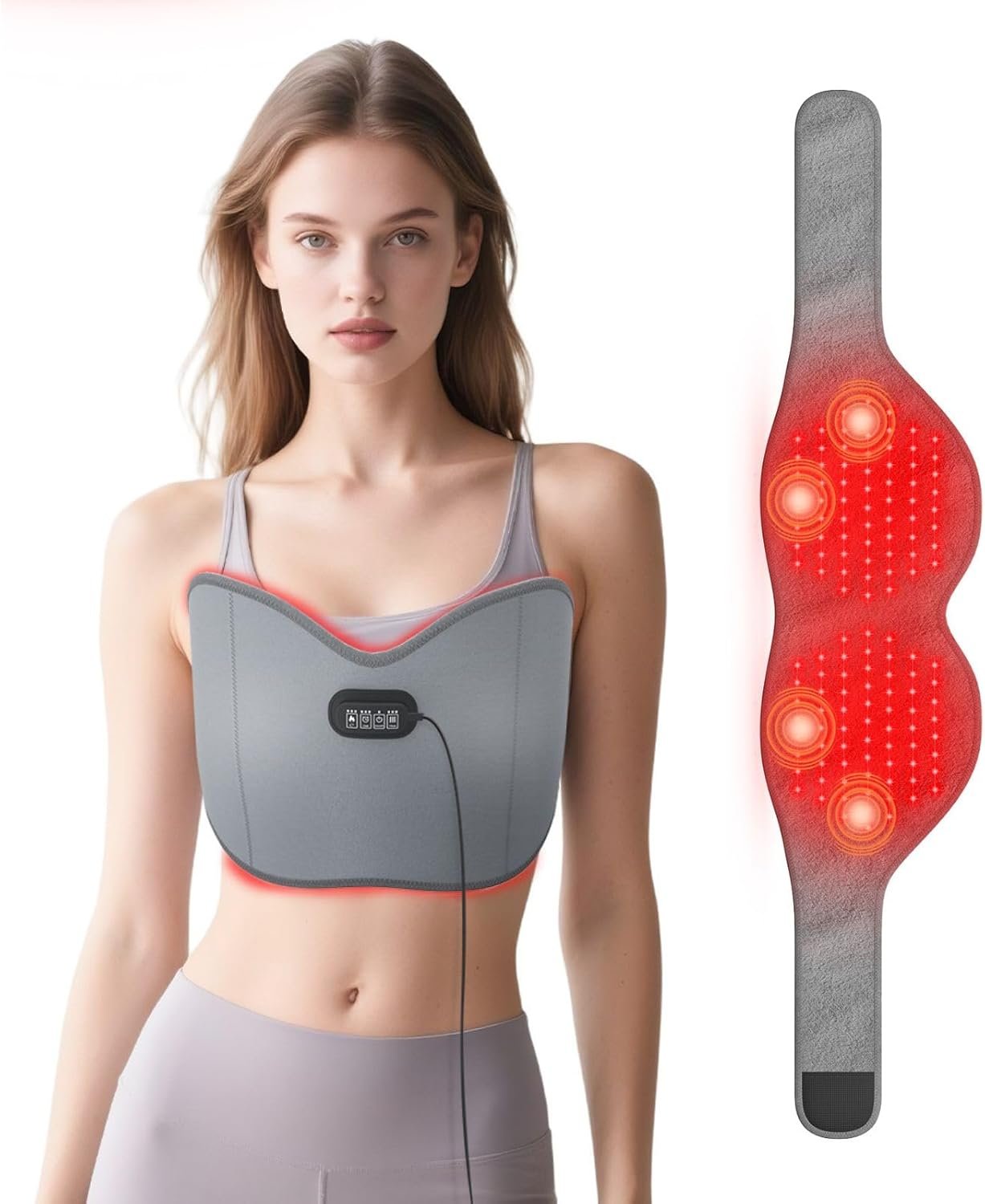 Breast Massager Heating Pad, Red Light Therapy Belt for Breast Pain Relief, 3 Heat Levels & 3 Massage Modes, Adjustable & USB Powered, Daily Relaxation & Self-Care Support