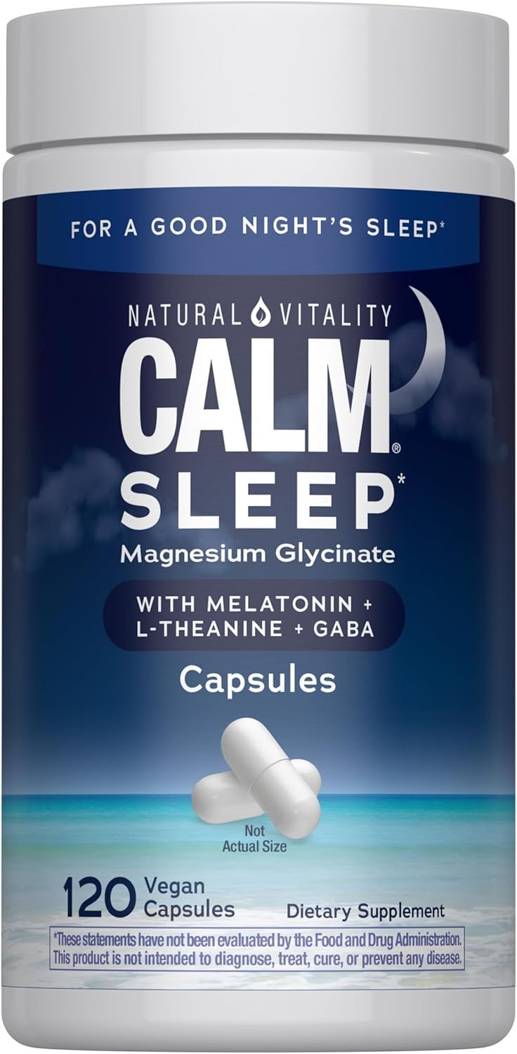 Natural Vitality Calm Sleep Capsules | Magnesium with Melatonin, L-Theanine & GABA Supplement | for a Good Night’s Sleep | Non-GMO, Gluten Free & Vegan | 120 Count