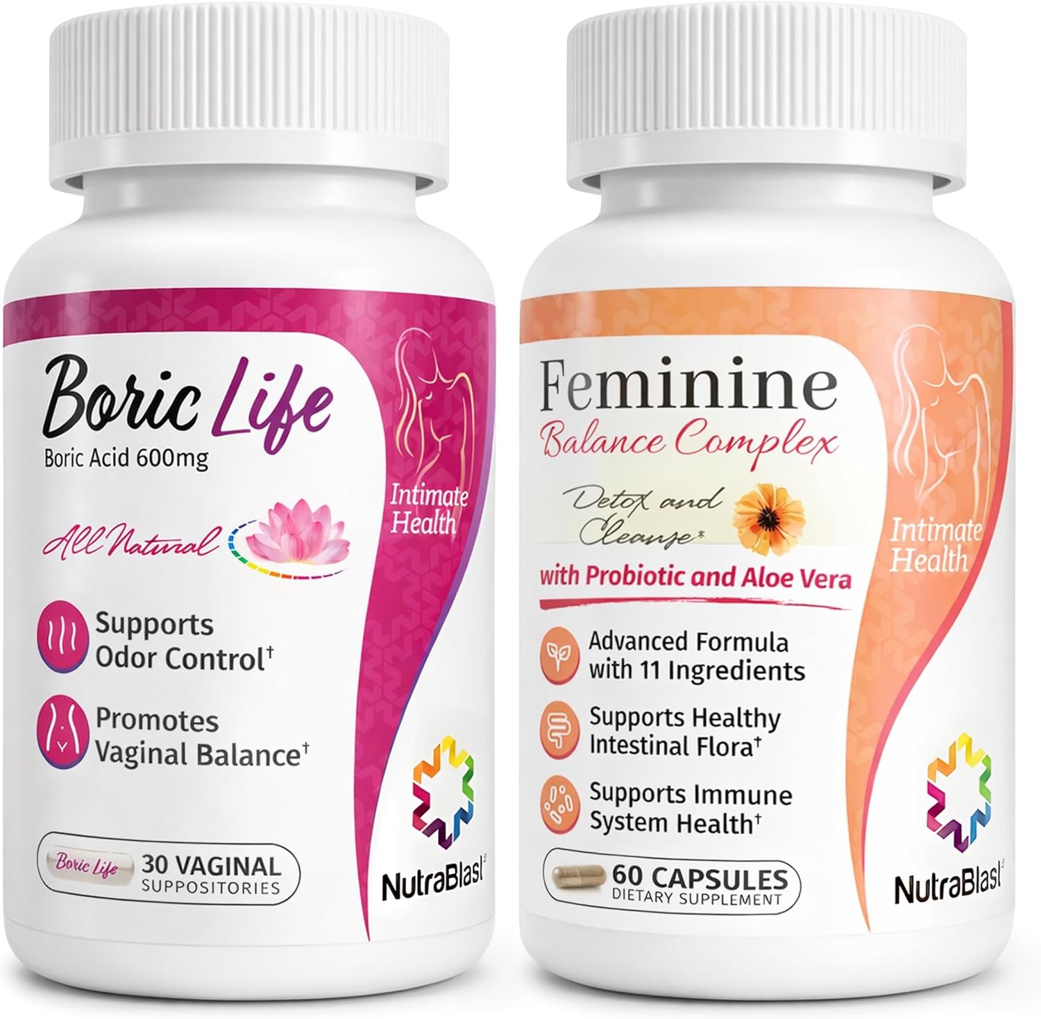 NutraBlast Boric Acid Suppositories 600mg (30 Count) Bundle with Feminine Balance Complex (60 Capsules) | Detox & Cleanse | Supports Healthy Intestinal Flora & Immune System