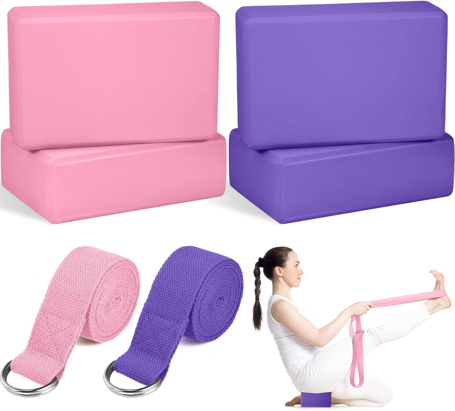 Jexine 6 Pcs Yoga Block and Strap Set 4 Pcs 9 x 6 x 3 Inches EVA Foam Pilates Block 2 Pcs Cotton Yoga Strap for Beginners Experienced Pilates Fitness Stretching