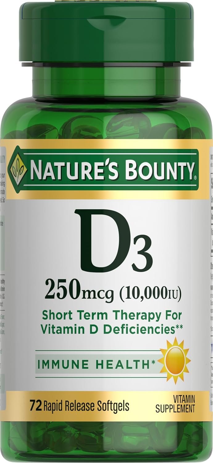 Nature’s Bounty Vitamin D for Immune Support, Vitamin D Provides Immune Support and Promotes Healthy Bones, 10000IU, 72 Softgels (Pack of 1)
