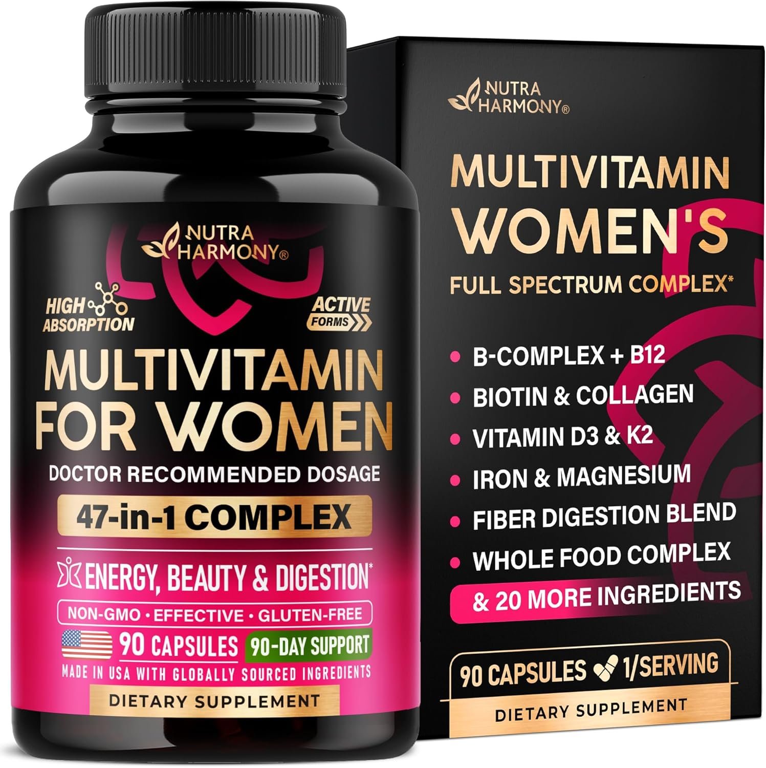 Multivitamin for Women – B-Complex | Whole Foods | Hair Growth Support | Digestion & Metabolism | Iron – 47in1 Womens Multivitamin – Bioavailable & Gentle on Stomach – Made in USA – 90 Capsules