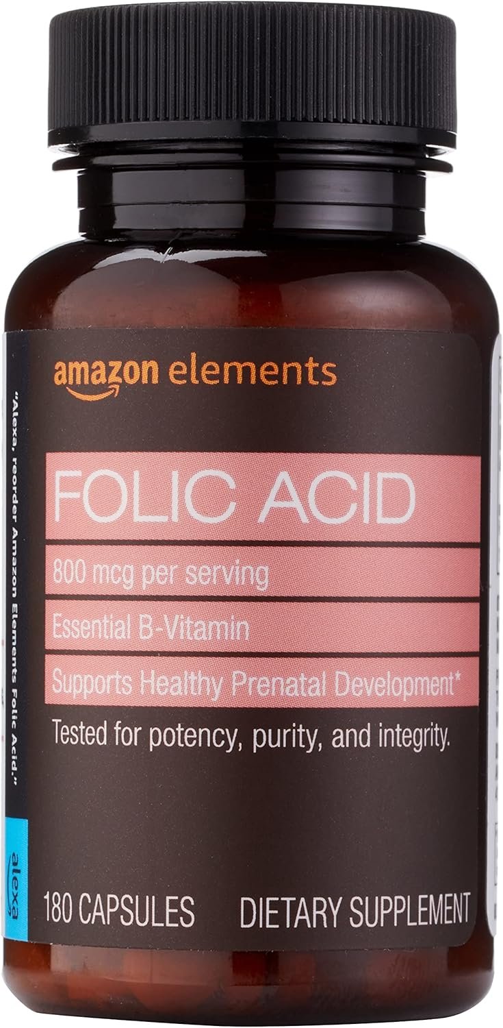 Amazon Elements – Folic Acid, 800 mcg per serving, Tablet, 180 Count, Pack of 1, Women’s Dietary Supplement for Healthy Prenatal Development, 6 Months of Supply