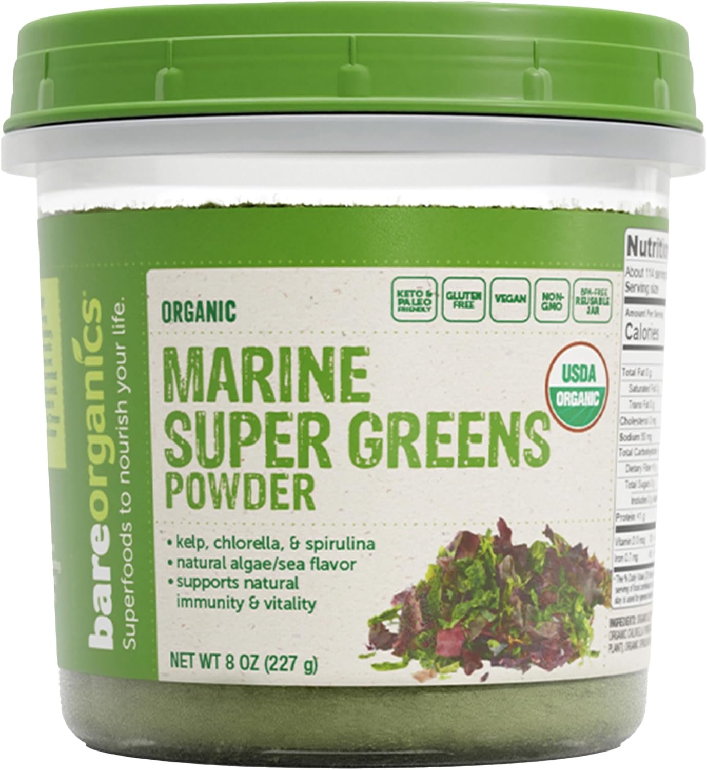 BareOrganics Marine Super Greens Powder – USDA Organic, Vegan, Gluten-Free, Non-GMO, BPA-Free, Superfood Powder with Organic Kelp, Spirulina & Chlorella – 8 oz