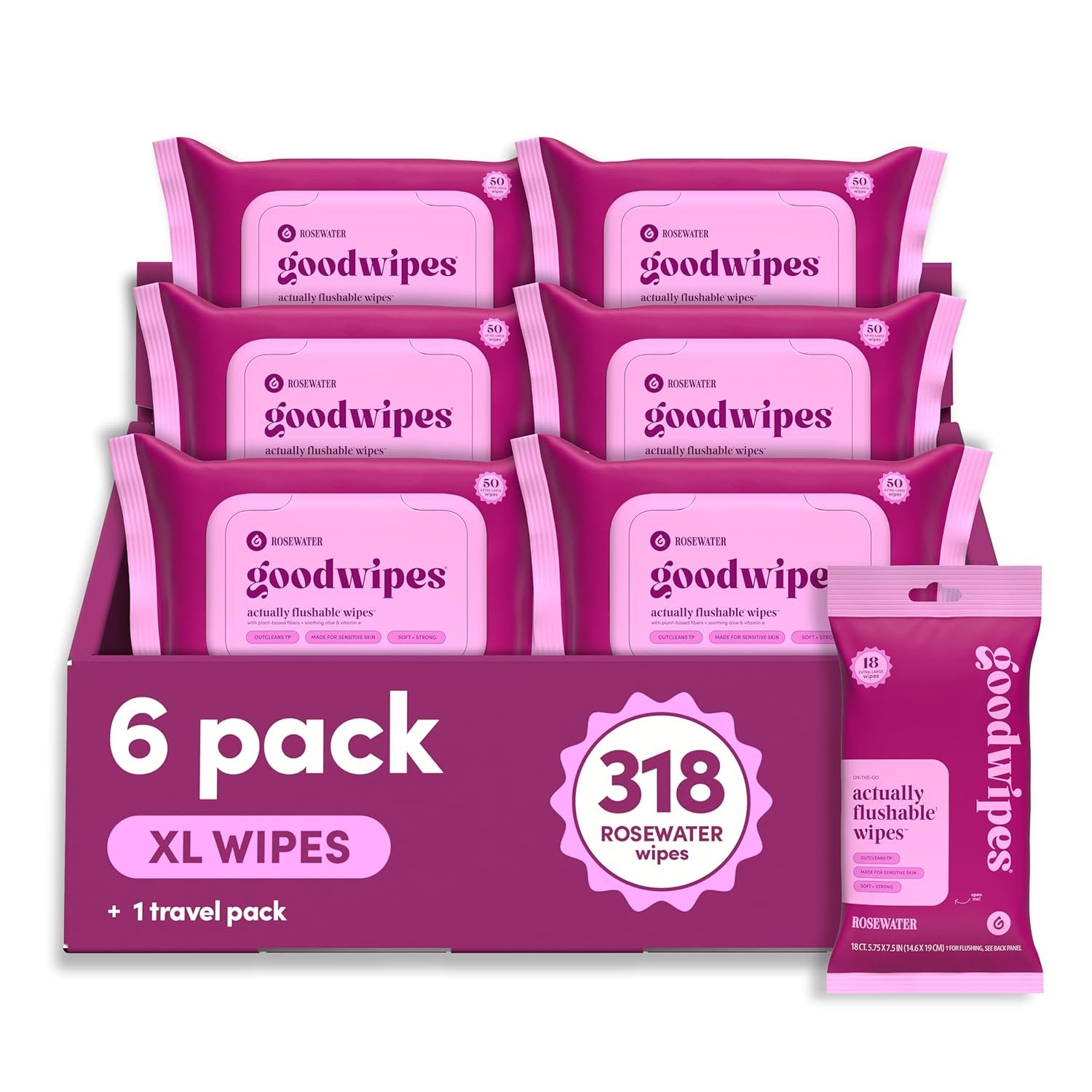 goodwipes Flushable Butt Wipes – Vitamin E & Aloe – Sewer & Septic Safe – Extra Large Adult Wet Wipes For Women & Men – Bathroom Essentials – Rosewater, 318 Count (6 Packs + 1 Travel)