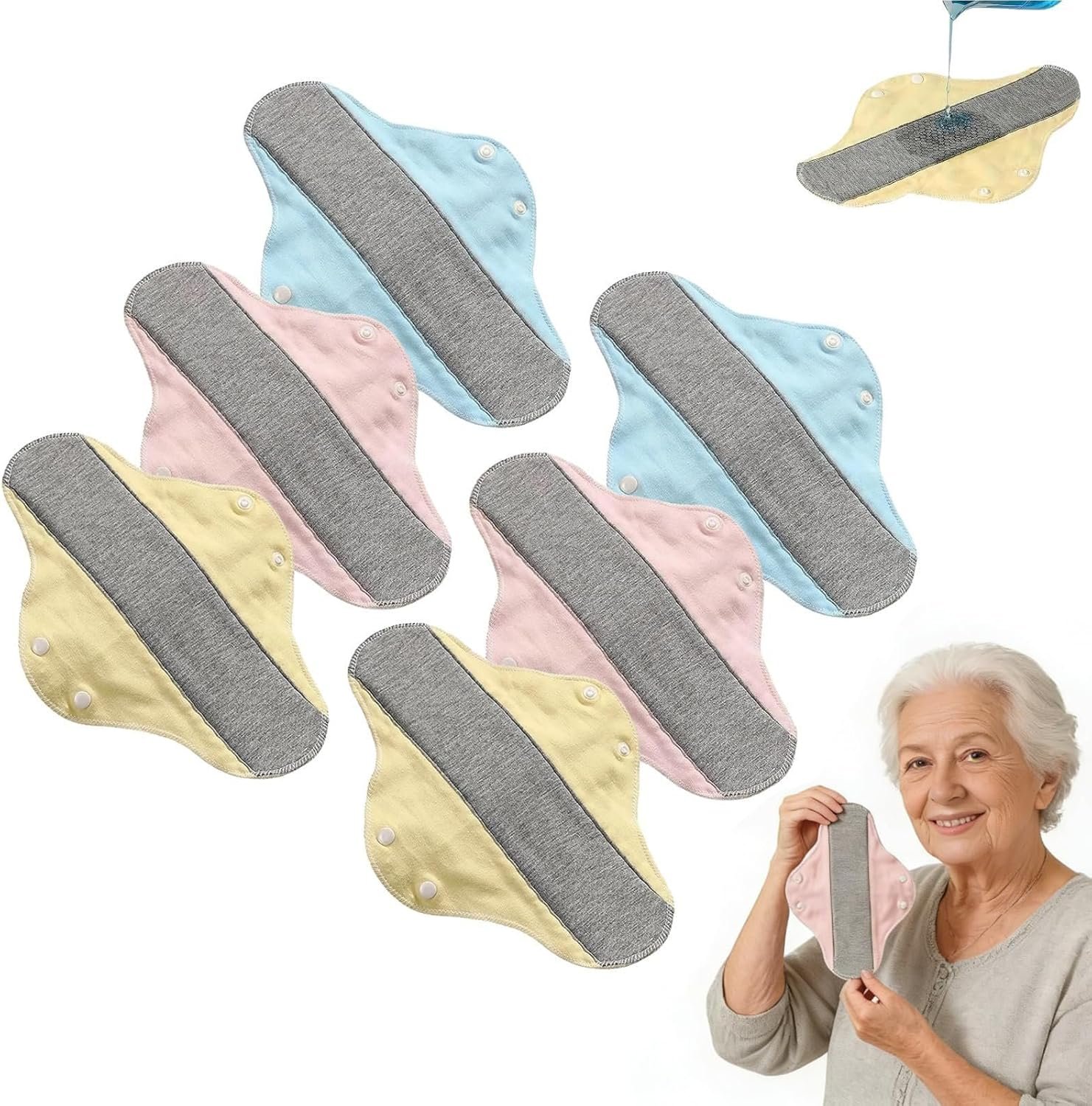 6 Pieces Reusable Leak-Proof & Waterproof Washable Pads, Pure Cotton Washable Underwear for Elderly Care & Mobility Support, Feel Secure, Dry, Comfortable Breathable Fabric for Women