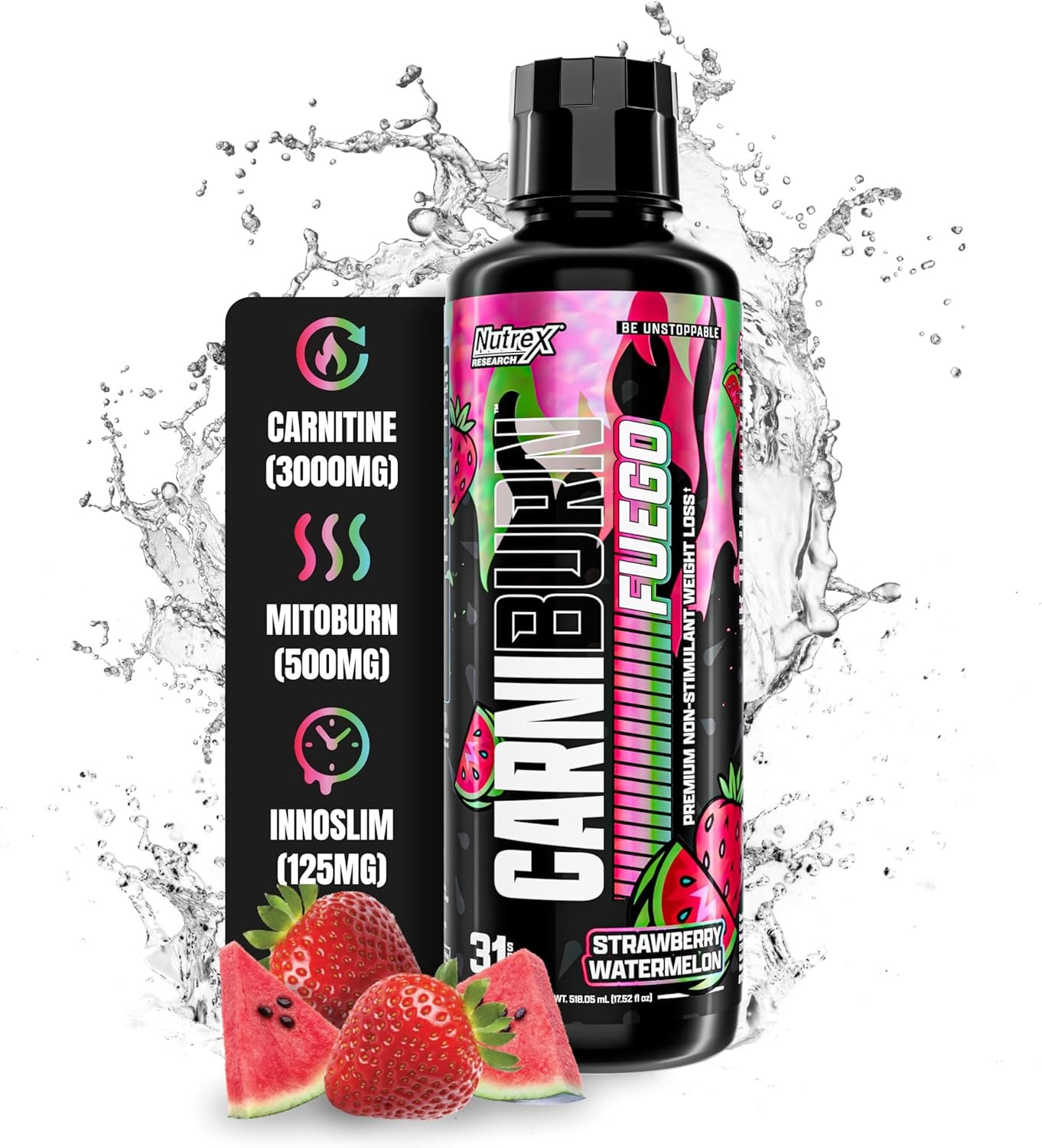 Nutrex Research Carniburn Liquid L Carnitine 3000mg – Thermogenic Liquid Fat Burner for Men & Women with MitoBurn, InnoSlim, GBBGO – Stimulant Free Metabolism Booster – Strawberry Watermelon 31 SV