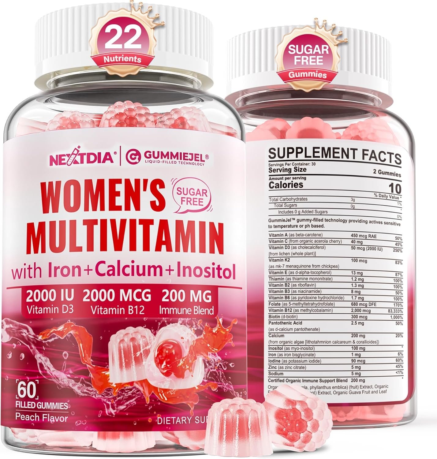 Methylated Multivitamin for Women Gummies, Calcium, D3 K2, Methylfolate & B12, Inositol, Daily Vitamin A C E, B Complex, Biotin, Zinc, Iron -Energy, Immune, Bone, Skin, Hair, Sugar Free, 60Cts