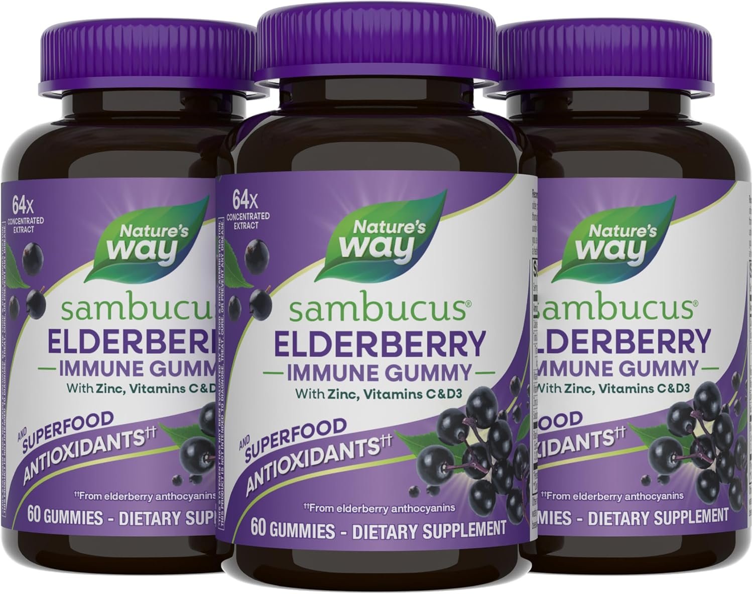 Nature’s Way Sambucus Elderberry Gummies, Immune Support Gummy for Adults & Kids Ages 4+ with Black Elderberry Extract, Vitamin C, Vitamin D3, and Zinc*, 60 Gummies (Set of 3)