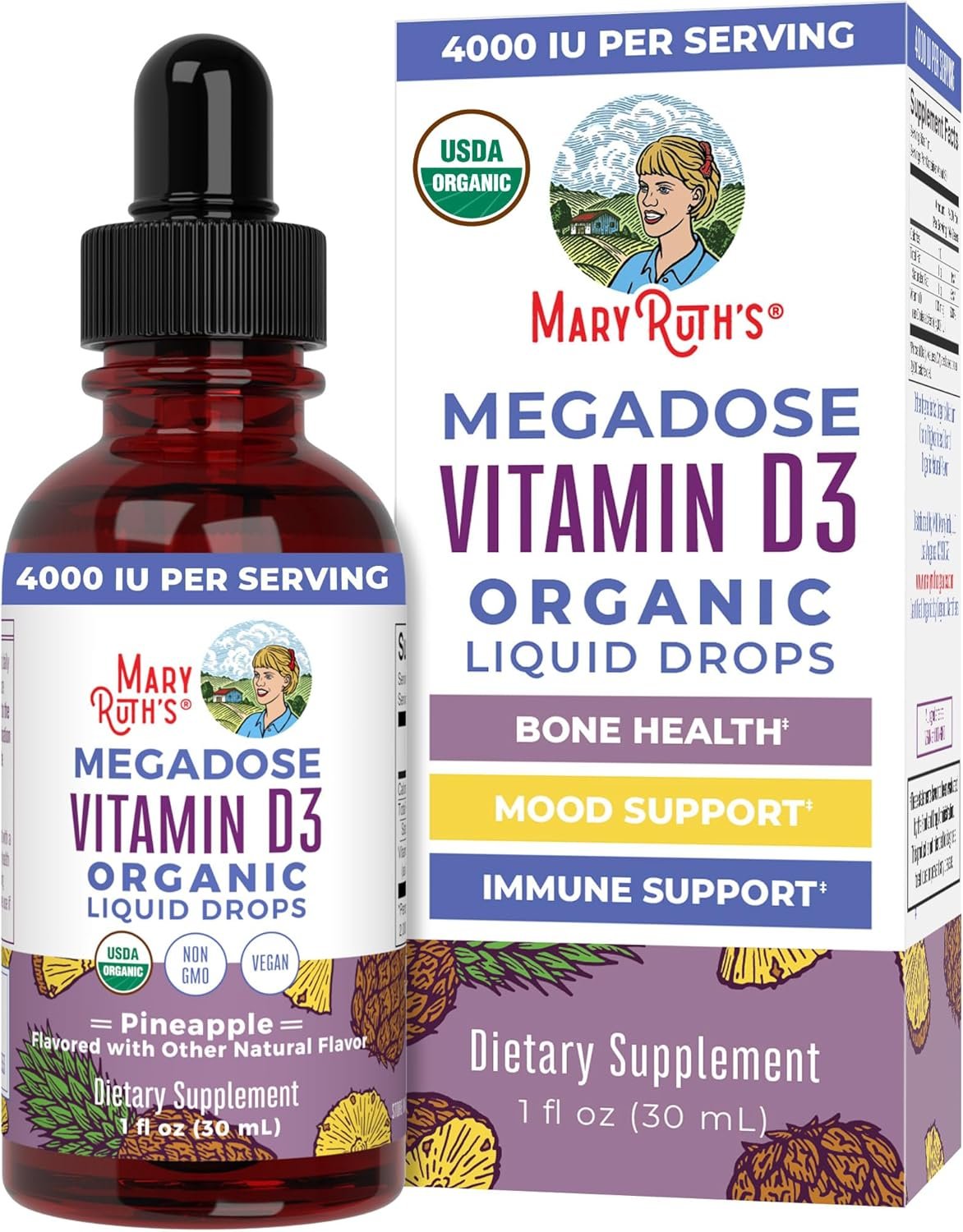 MARYRUTH’S Vitamin D3 Liquid Drops | Megadose 4000 IU | USDA Organic Liquid Vitamin D Spray for Adults & Kids | Immune Support & Bone Health | Vegan | Gluten Free | Non-GMO | 30 Servings