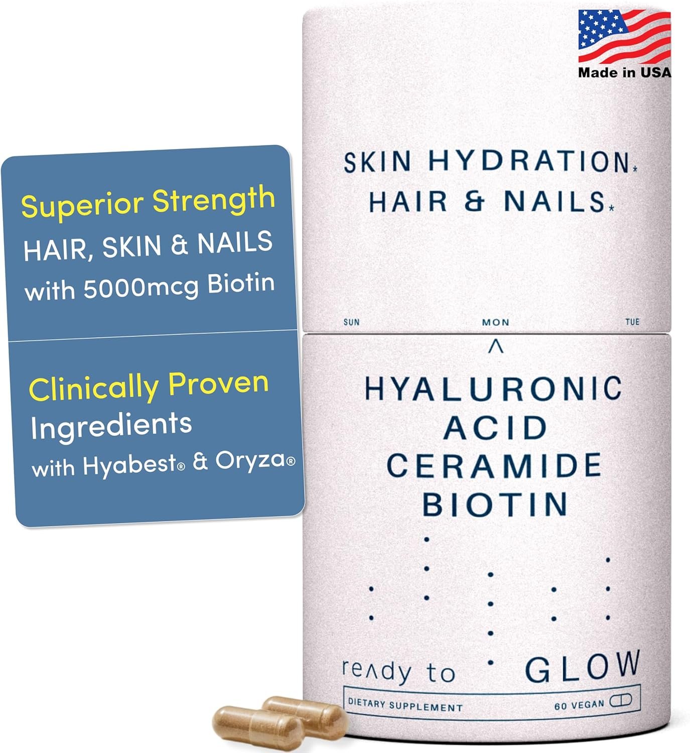 GLOW Anti Aging Supplement – Hyabest® Hyaluronic Acid, Phytoceramides, 5000 mcg Biotin, Vitamin A, C, E, Zinc – Hair Skin Nails Vitamins for Women & Men – Wrinkles & Skin Hydration – 60 Capsules