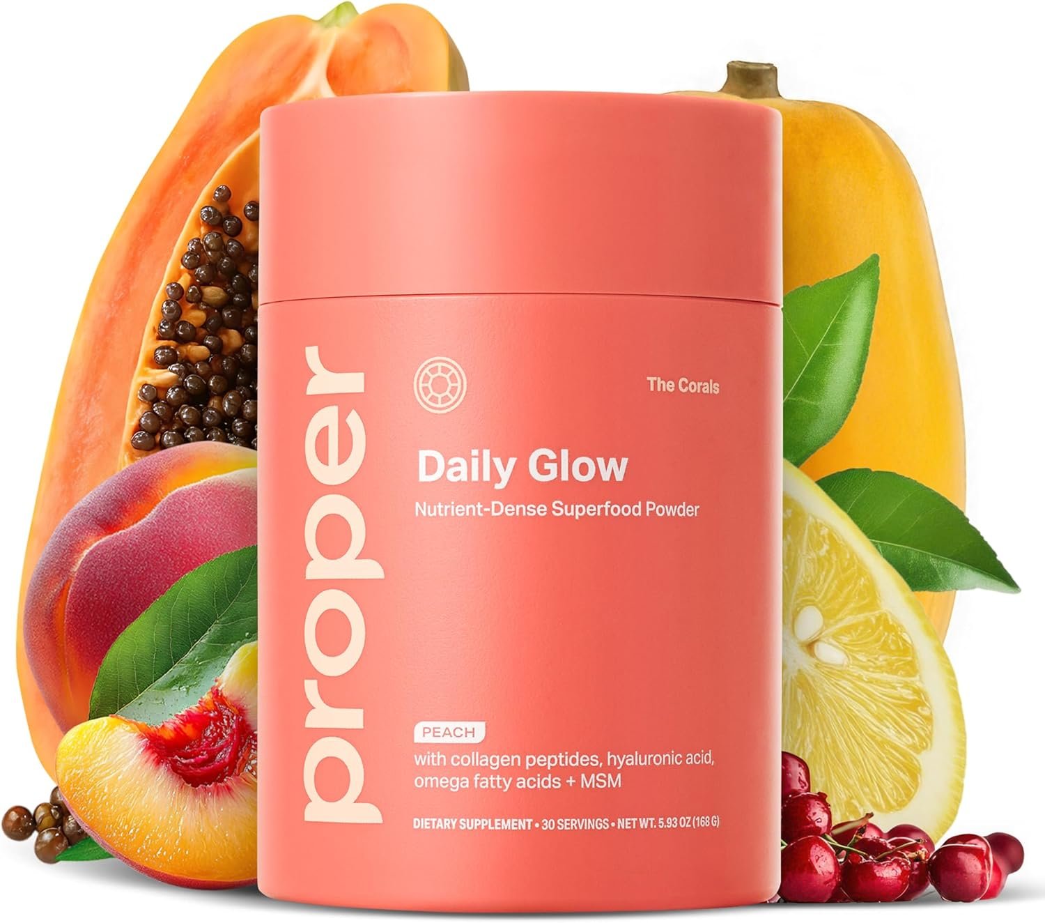 Proper, The Corals Daily Glow Beauty Blend – Nutrient Dense Superfood Powder with Collagen Peptides, Hyaluronic Acid Powder, Vitamin C, and MSM. Hair, Skin, Nail Vitamin Supplement for Women & Men