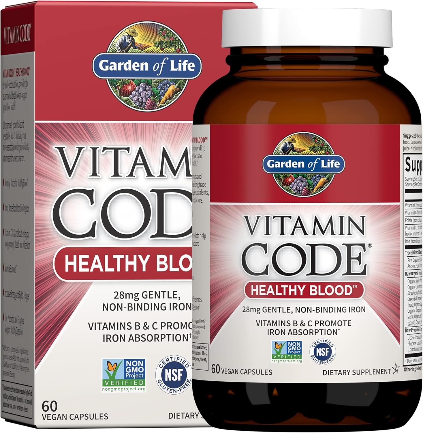 Garden of Life Vitamin Code Healthy Blood – Iron Supplement for Women, 60 Vegan Capsules, with Vitamins B, C, Trace Minerals, Fruit Veggies, Probiotics – for Energy and Anemia Support