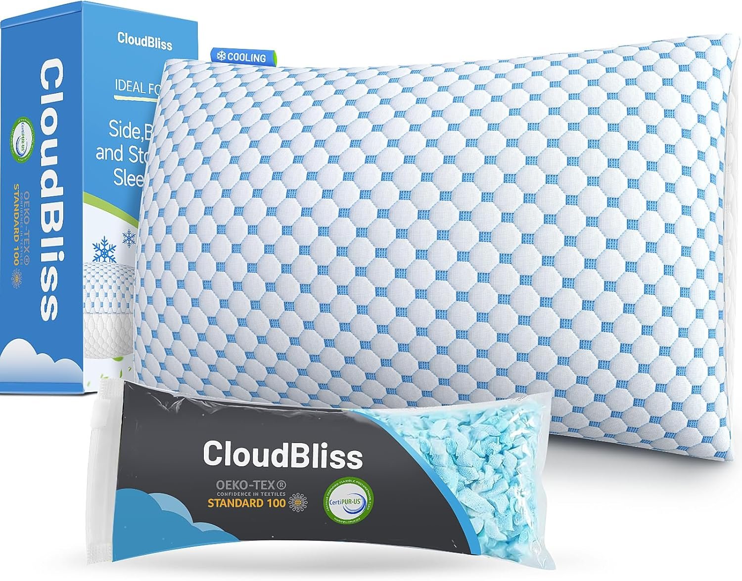 CloudBliss Shredded Memory Foam Pillow for Sleeping – Adjustable Cooling Pillow with Breathable Washable Cover, CertiPUR-US Certified, 1 Pack Queen Size for Side/Back/Stomach Sleepers