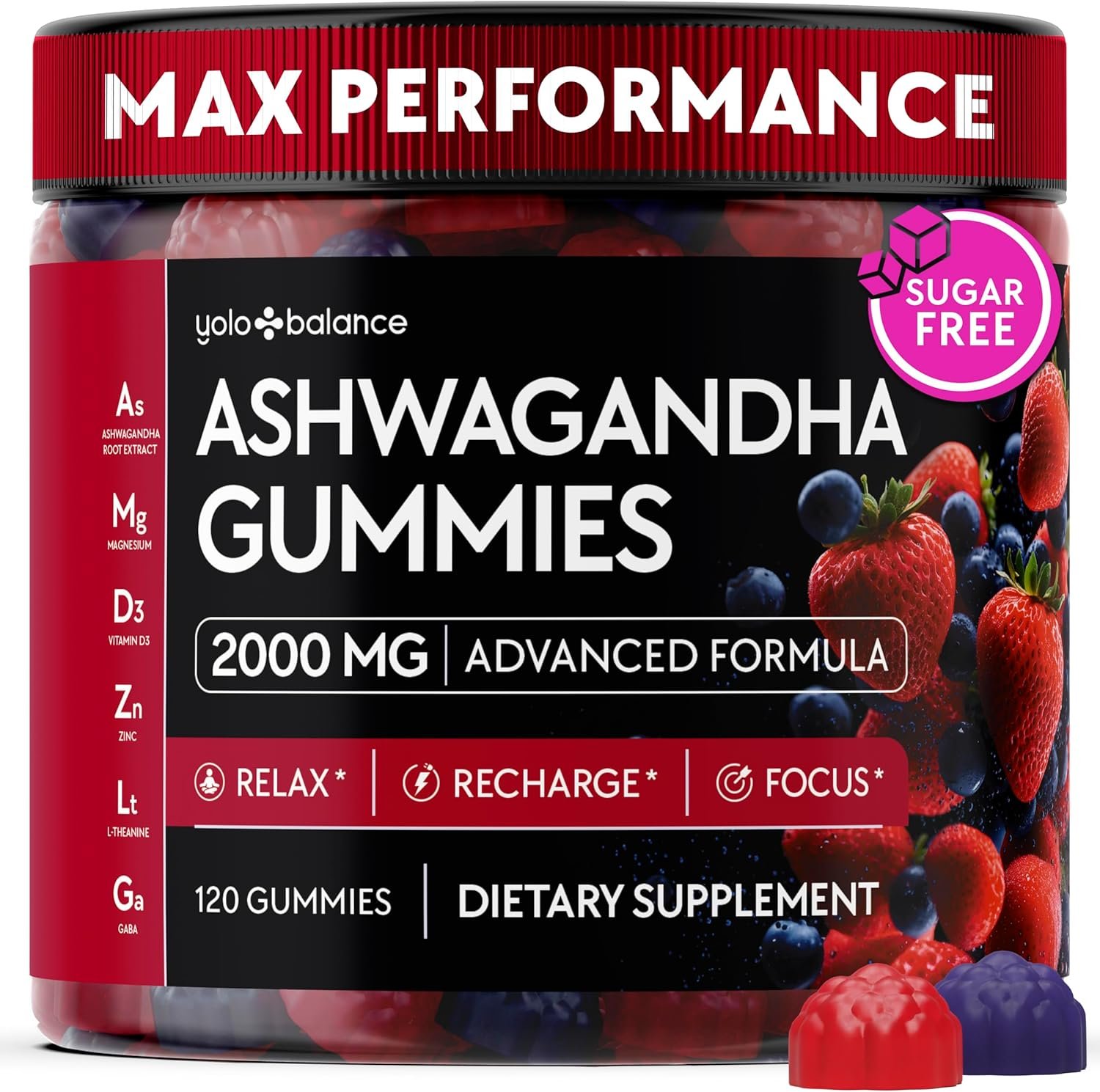 Ashwagandha Gummies – 120 Count – 2000 MG Ashwagandha Supplements with L-Theanine, GABA, Magnesium, Zinc & Vitamin D3 – Sugar-Free, Vegan, Non-GMO–Natural Support for Balance