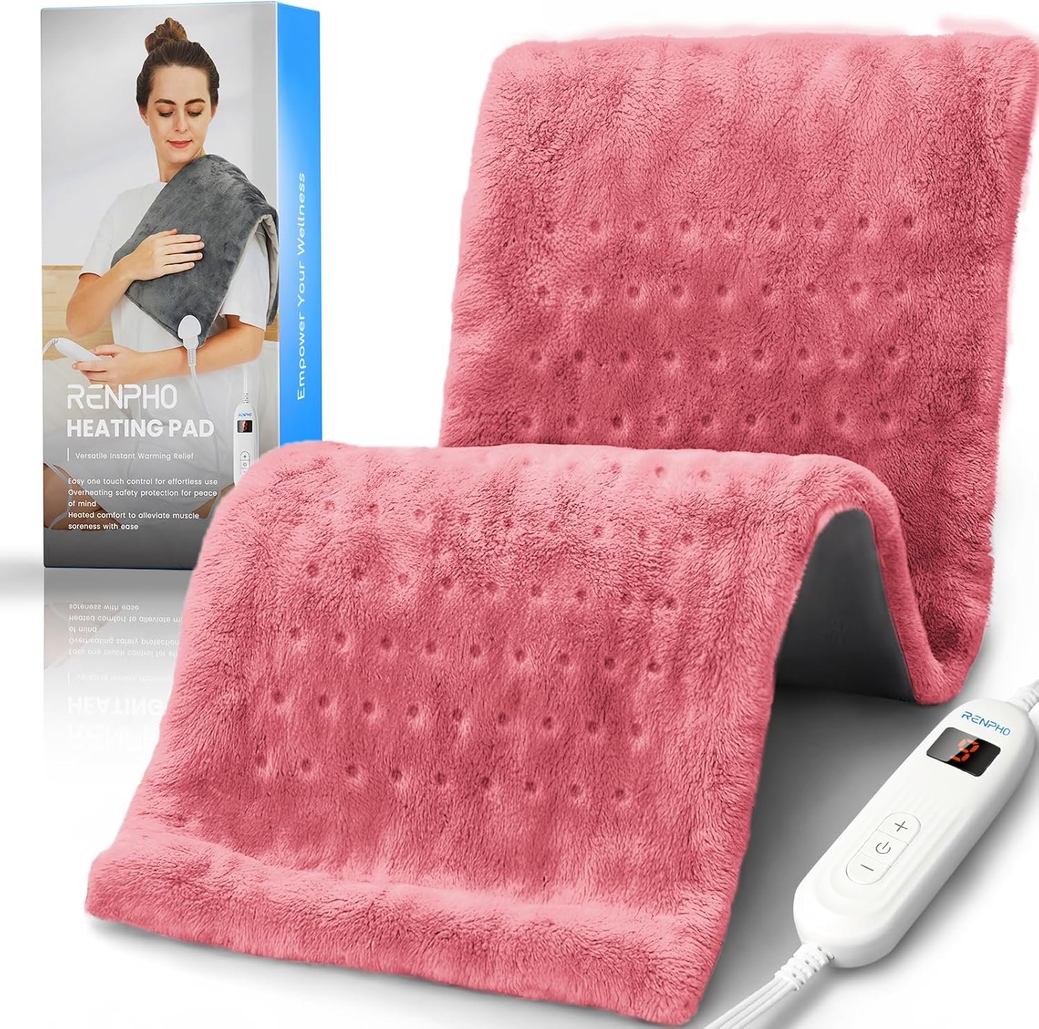 RENPHO Electric Heating pad for Back, Mothers Day Gifts & Birthday Gifts for Her Him, Heating Pads for Neck and Shoulder, FSA Eligible HSA Store, Auto-Off, ETL Certified, Extra Large 12″x24″ Pink