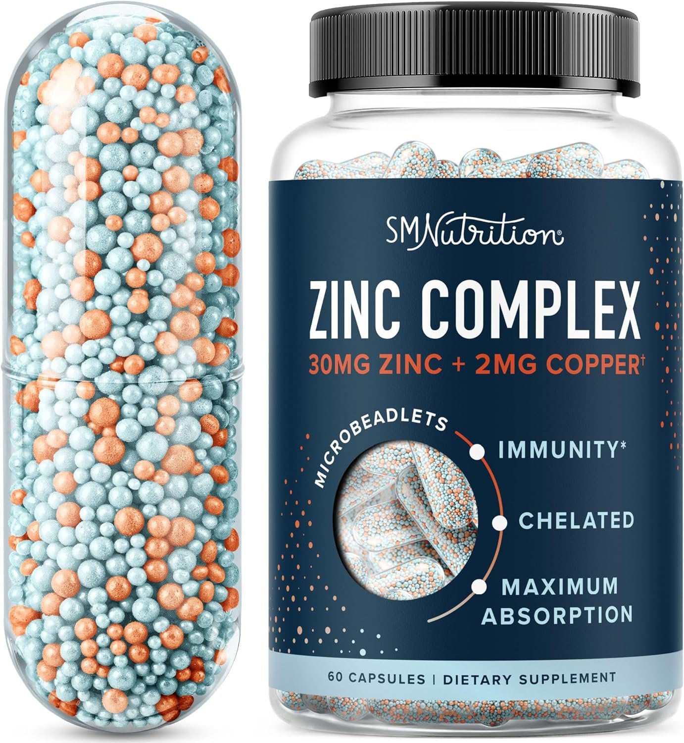 Zinc Supplement Microbeadlets with Copper for Immune Support | Highly Absorbable Zinc Bisglycinate & Orotate with 2mg Chelated Copper + Vitamin B6 | Vegan, Gluten-Free | 60 Capsules (2 Month Supply)
