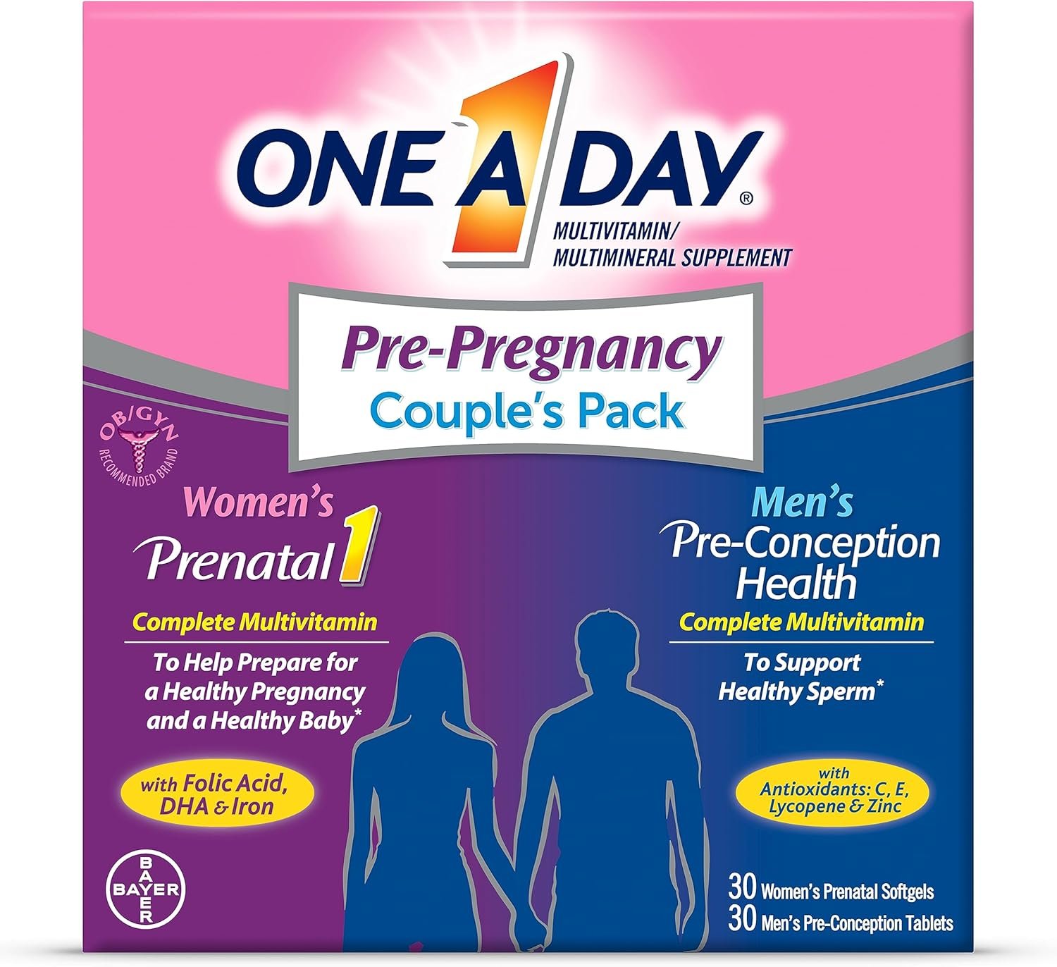 One A Day Men’s & Women’s Pre-Pregnancy Multivitamin Softgel including Vitamins A, Vitamin C, Vitamin D, B6, B12, Folic Acid & more, 30+30 Count, Supplement for Before, During, and Postnatal