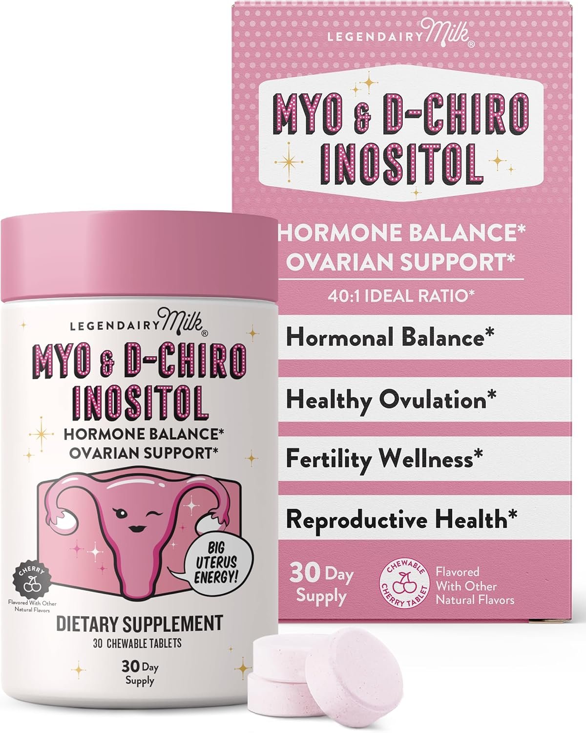Legendairy Milk Myo-Inositol & D-Chiro Inositol Supplement for Women, 40:1 Ratio, PCOS & Fertility Support, Hormone Balance, Sugar Free Vegan Chewable Tablets, Cherry Flavor, 30 Day Supply