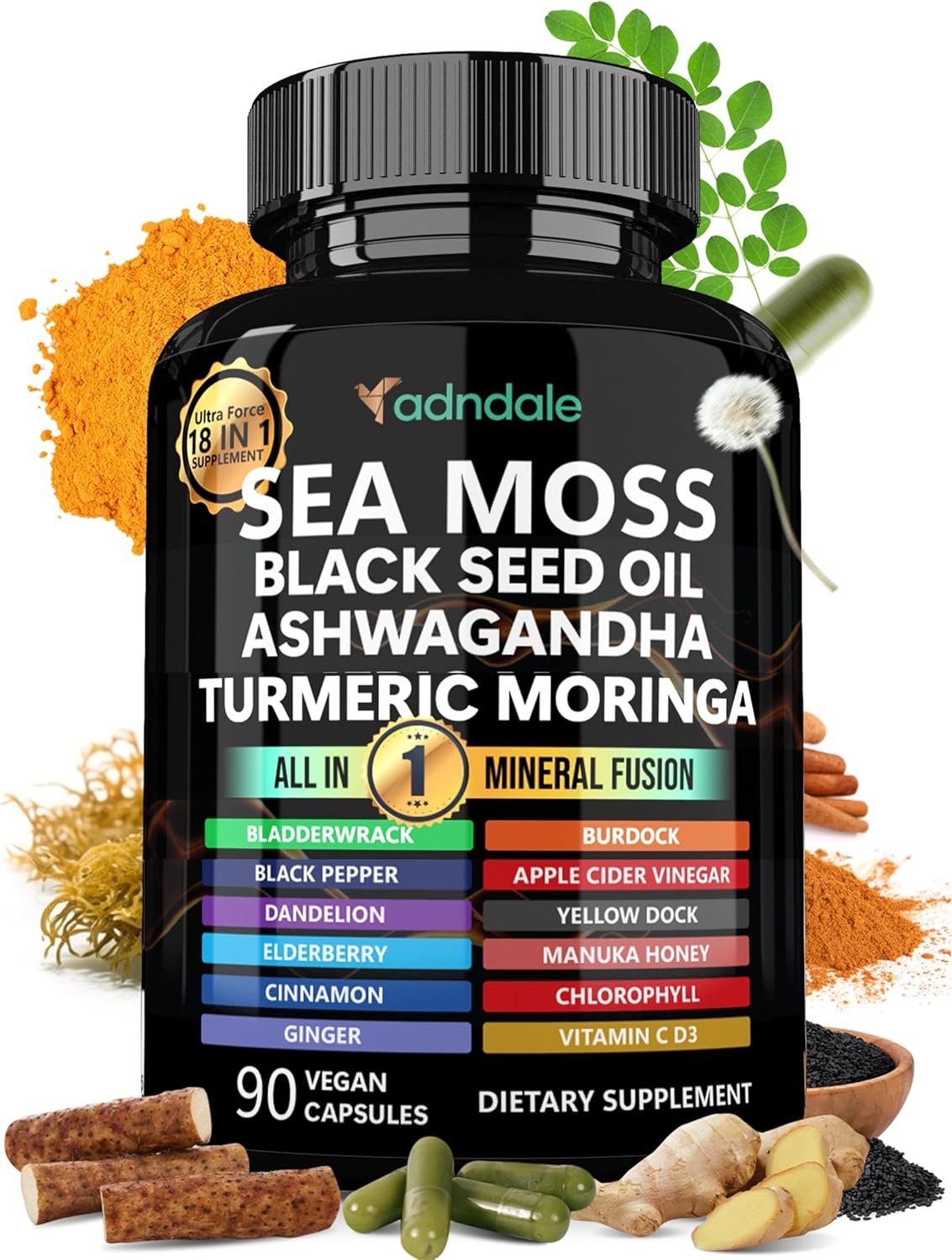 Adndale Sea Moss Capsules – Sea Moss Blend with Ashwagandha, Turmeric & Black Seed Oil – 90 Count