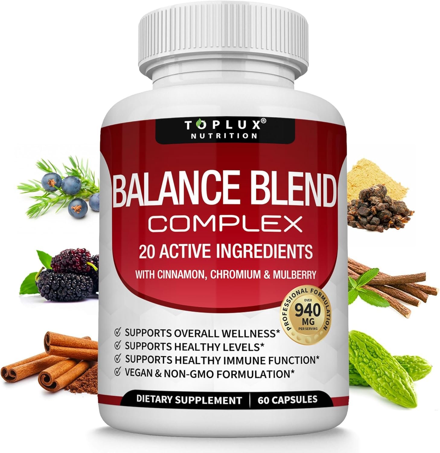 Premium Natural Balance Blend Complex Supplement – Natural 20 Herbs and Vitamins with Cinnamon Non-GMO Vegan, for Men Women, 60 Capsules