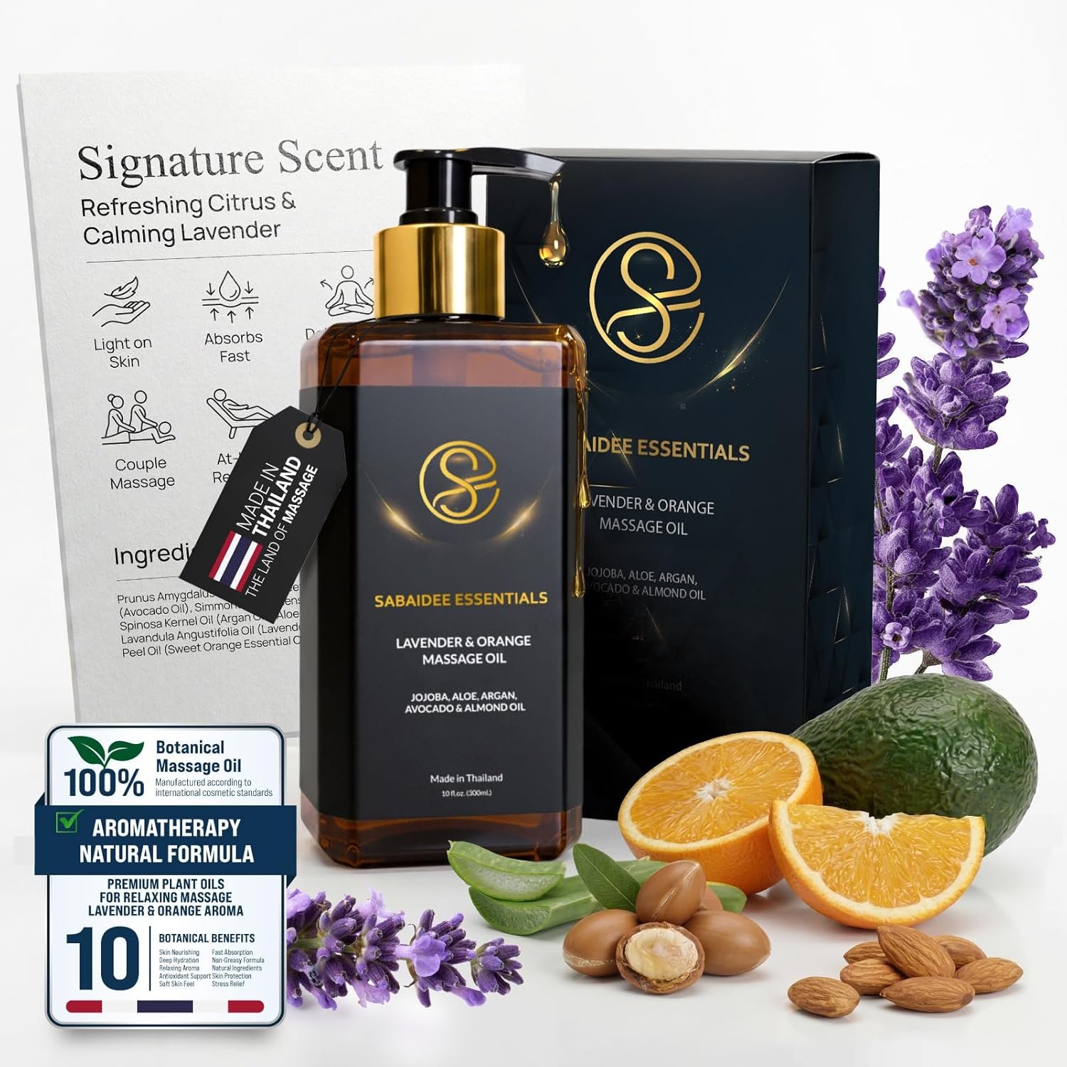 Aromatherapy Massage Oil – Lavender Oil & Orange 10 Fl Oz – Thai Body Oil for Massage Therapy with Jojoba, Avocado, Argan, Aloe, Almond – Relaxing Body Care & Self-Care