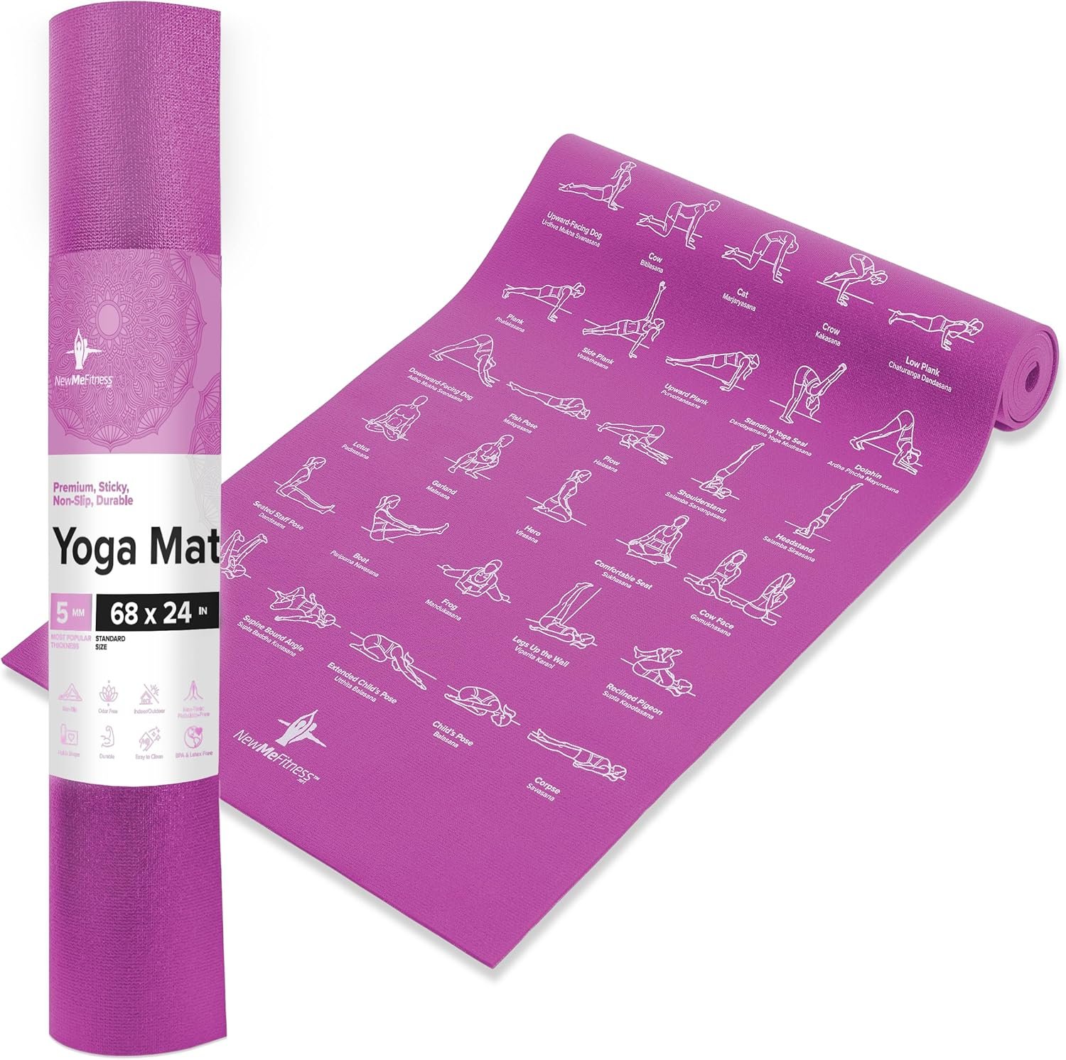 NewMe Fitness Yoga Mat for Women and Men – Large, 5mm Thick, 68 Inch Long, Non Slip Exercise Mats w/ 70 Printed Yoga Poses for Pilates, Workout and Stretching – Home and Gym Essentials