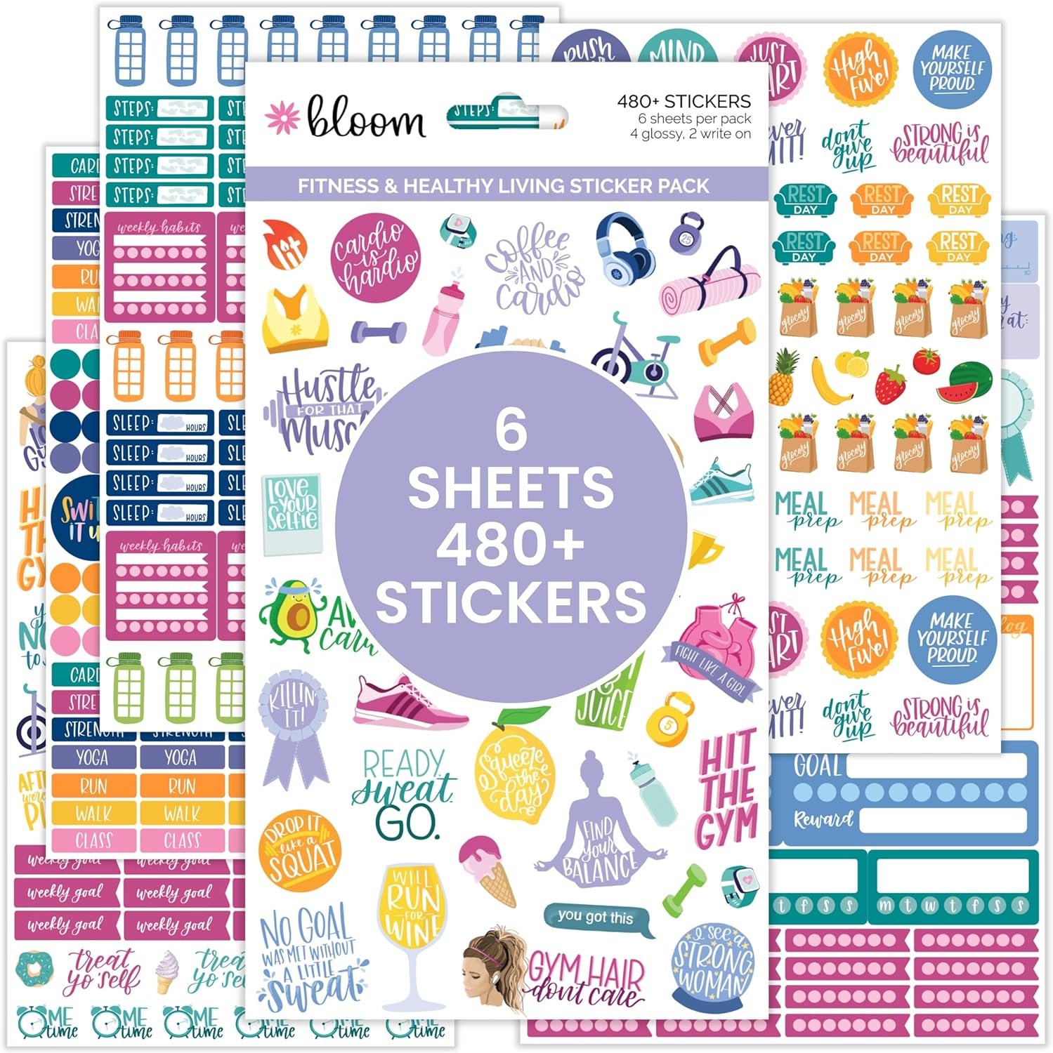 bloom daily planners Health Wellness and Fitness Planner Stickers – Variety Sticker Pack – Six Sticker Sheets Per Pack!