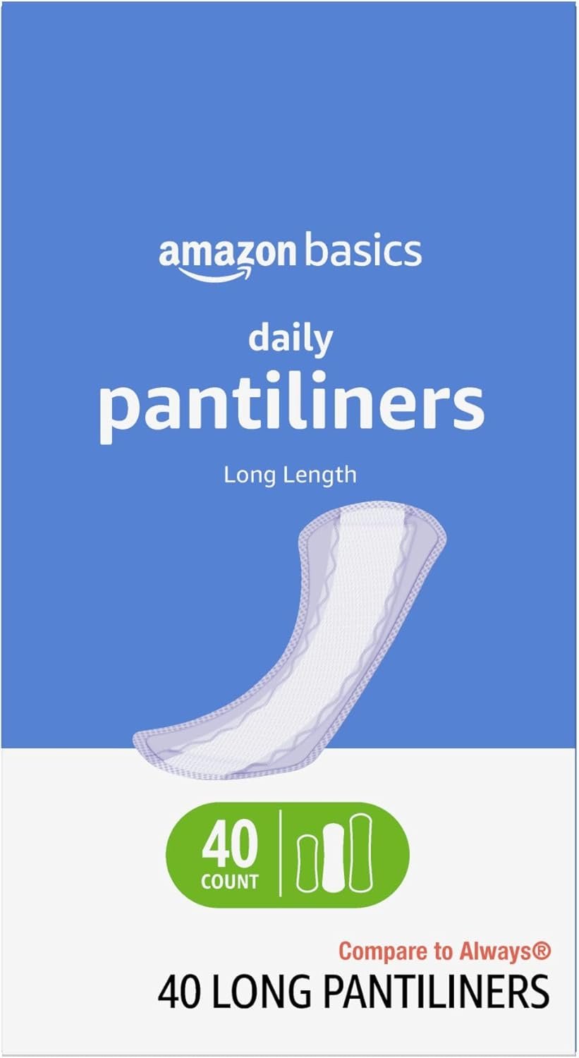 Amazon Basics Daily Pantiliner, Long Length, Feminine Pads for Women, Unscented, Leakage Protection, 40 Count (Previously Solimo)