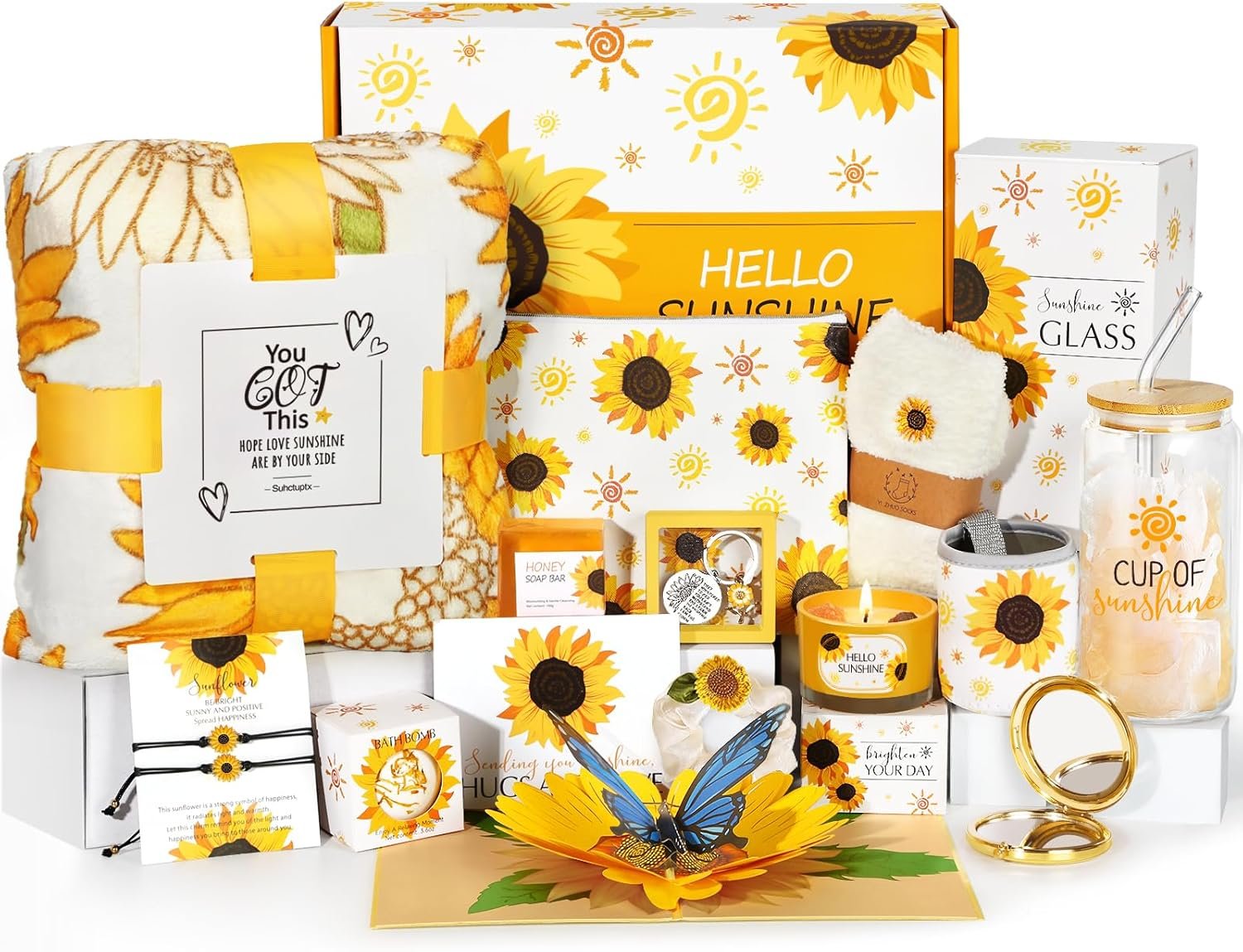 Sunflower Gifts for Women – 15 pcs Unique Birthday and Basket, Get Well Soon Care Package, Inspirational Box for Her, Mom, Sister, Best Friends (Yellow)