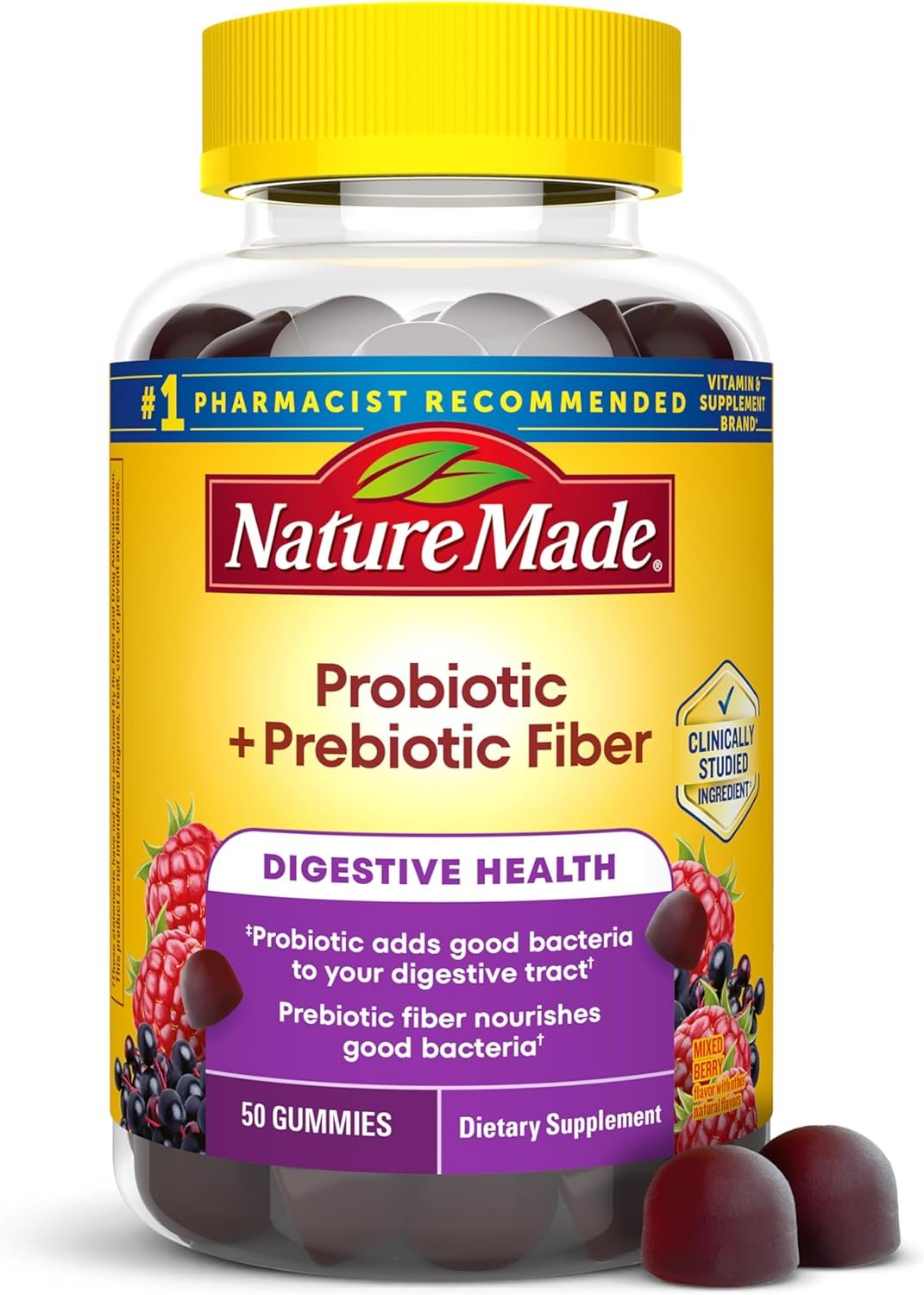 Nature Made Probiotic + Prebiotic Fiber Gummies for Daily Gut Health, Fiber Supplement with Probiotics for Digestive Health Support, 50 Gummies, 25 Day Supply