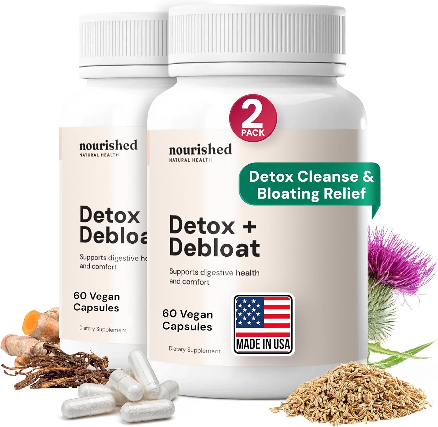 Nourished Natural Health Detox + Debloat – Detox Cleanse and Bloating Relief for Women – Liver and Digestive Support with Milk Thistle, Dandelion, Fennel & Turmeric | Vegan, Gluten-Free -120 Capsules