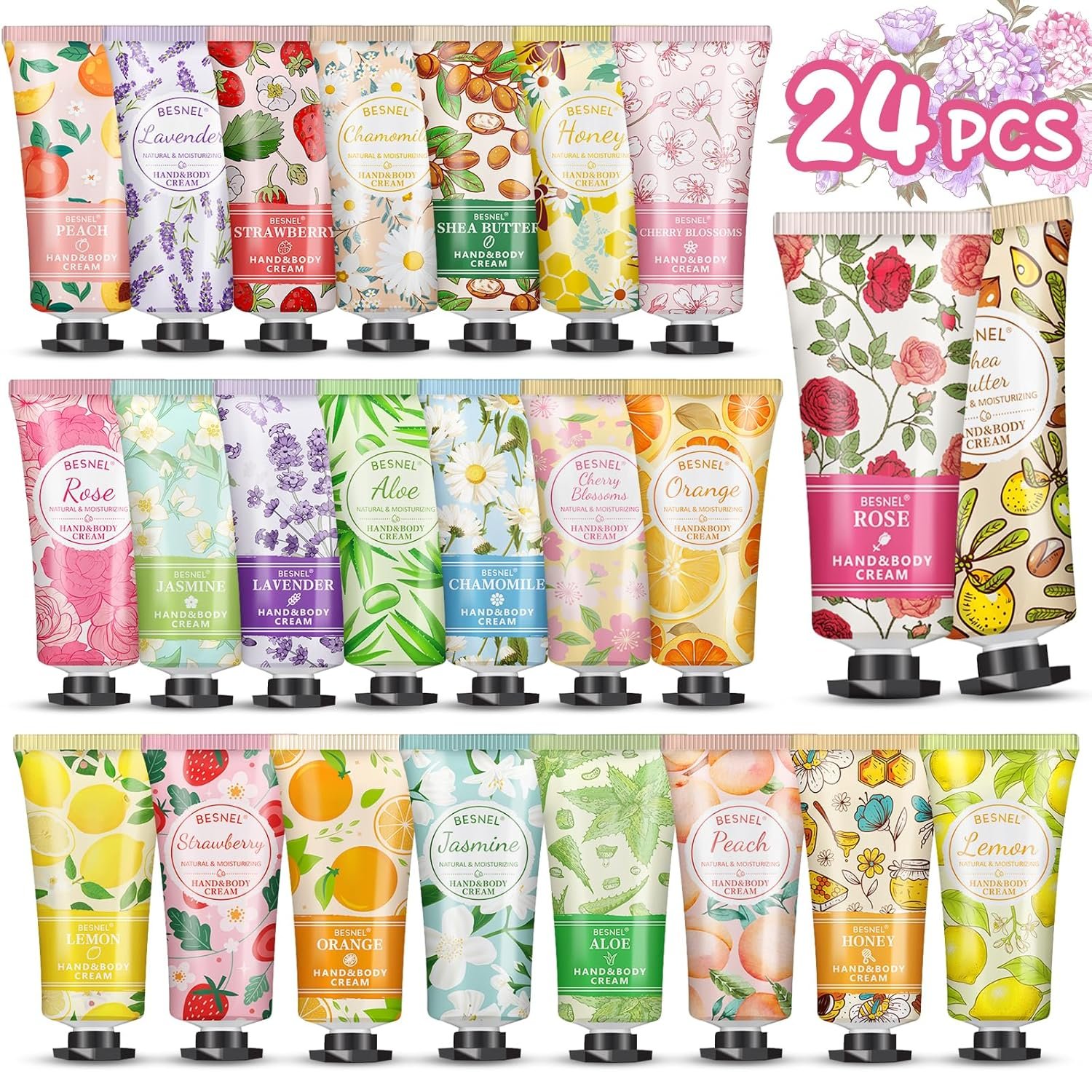 BESNEL 24 Pack Hand Cream Gift Set For Women, Teacher Appreciation Gifts, Mini Hand Lotion Travel Size in Bulk for Dry Cracked Hands, Graduation Gifts, Birthday Gift, Bridesmaid Gift,Party Favors