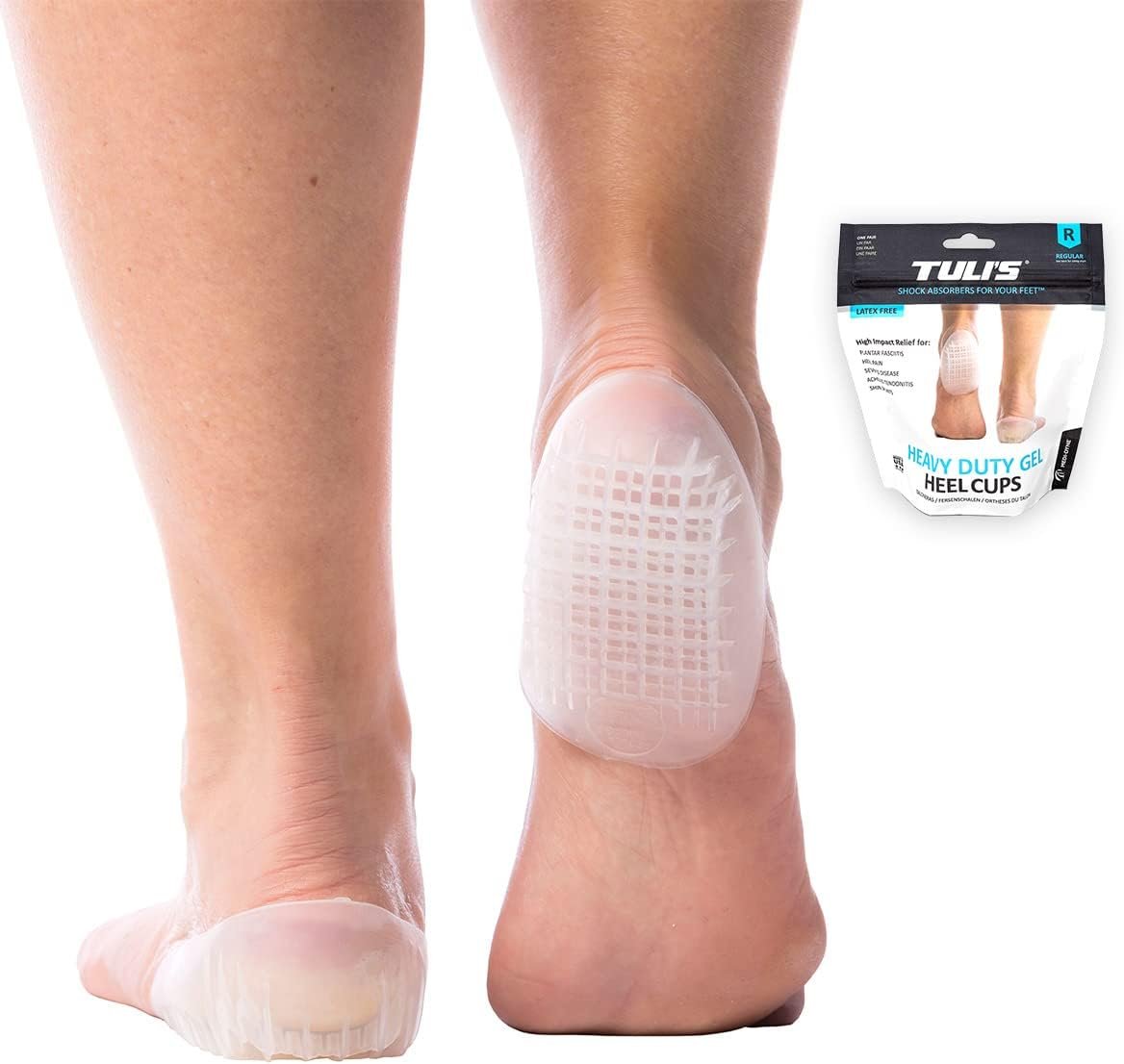 Tuli’s Heavy Duty Gel Heel Cups, Cushion Insert for Plantar Fasciitis, Sever’s Disease, Shock Absorption, and Heel Pain Relief, 1 Pair, Regular